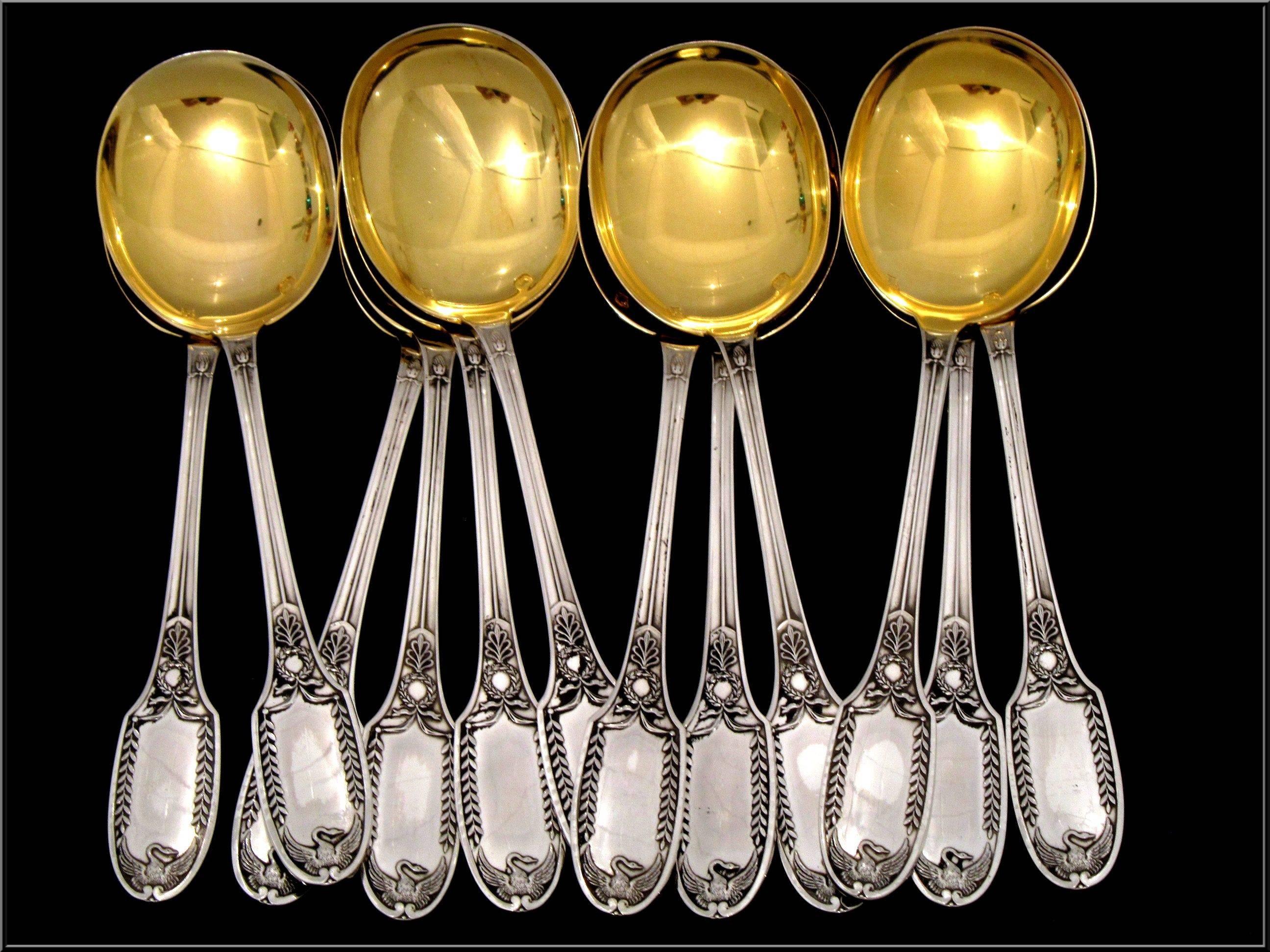 PUIFORCAT French Sterling Silver Vermeil Ice Cream Spoons Set 12 pc Swans For Sale 5