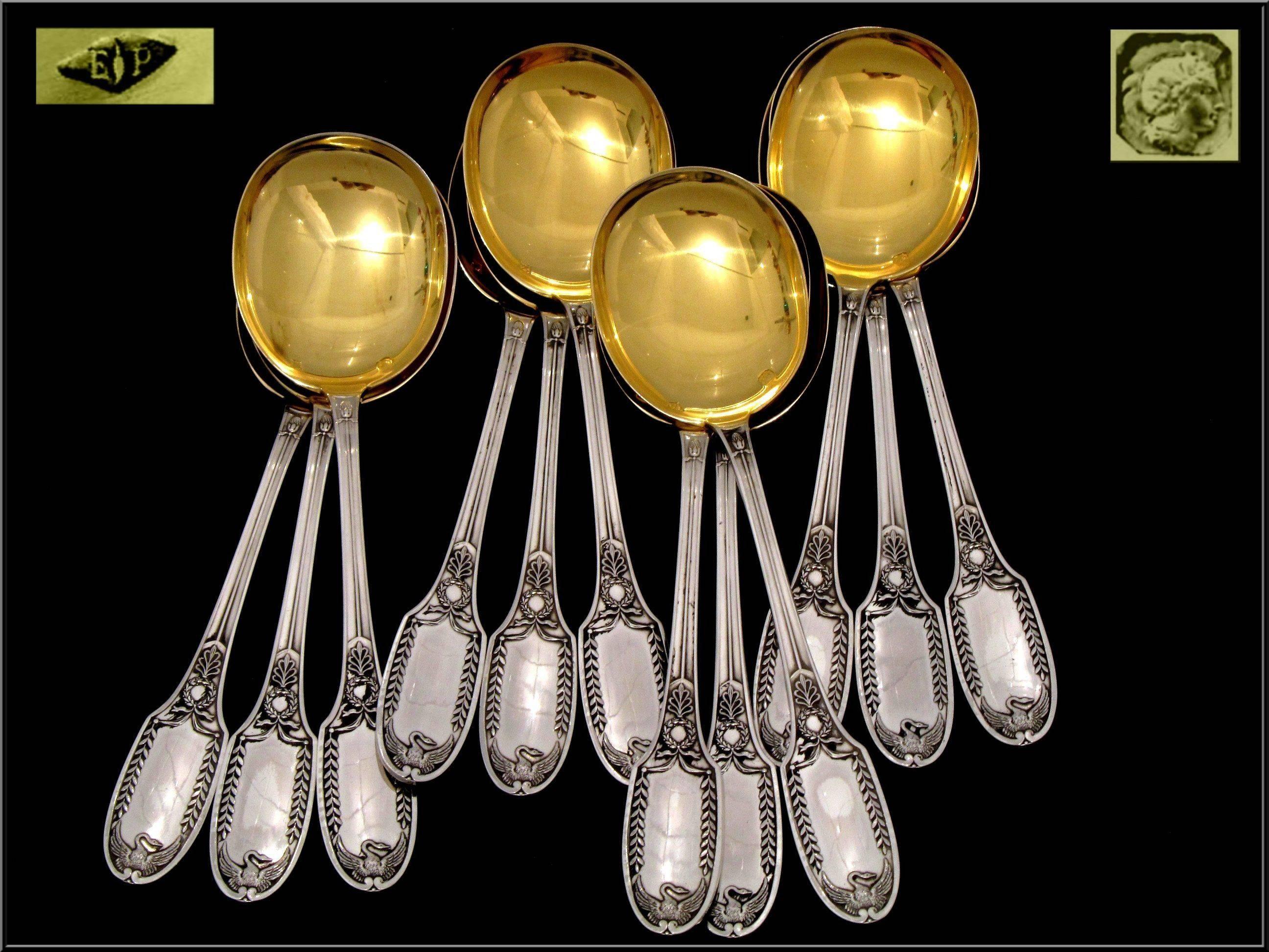 Women's or Men's PUIFORCAT French Sterling Silver Vermeil Ice Cream Spoons Set 12 pc Swans For Sale