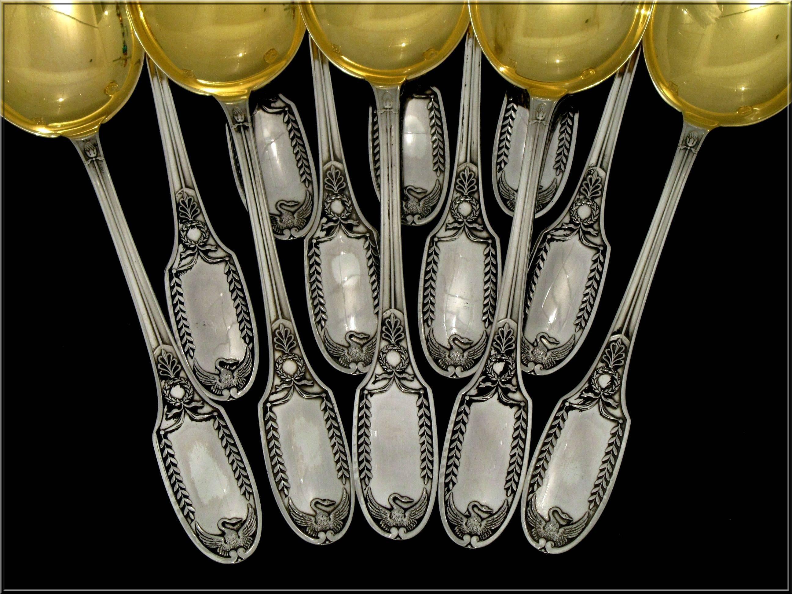 PUIFORCAT French Sterling Silver Vermeil Ice Cream Spoons Set 12 pc Swans For Sale 3