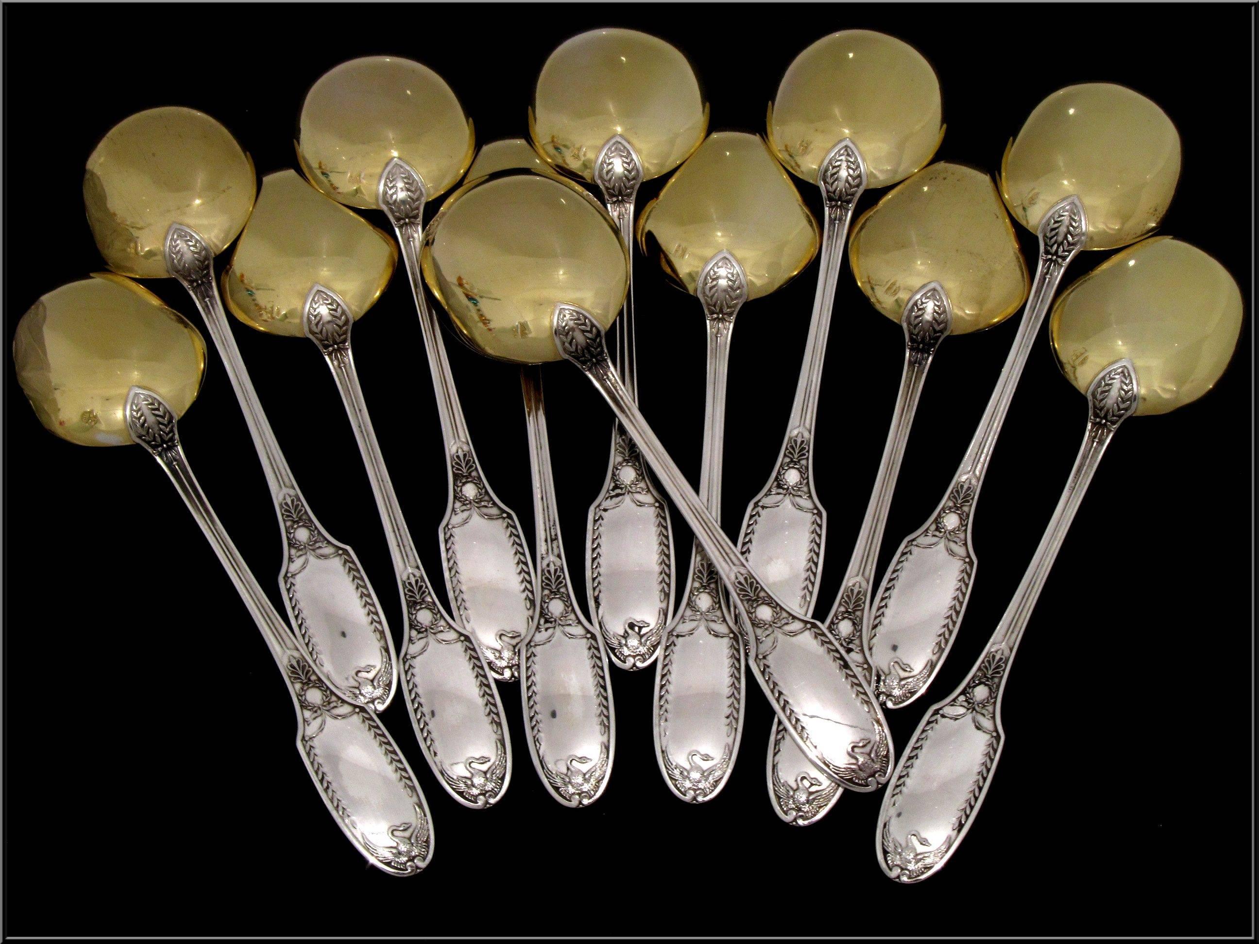 PUIFORCAT French Sterling Silver Vermeil Ice Cream Spoons Set 12 pc Swans In Excellent Condition For Sale In Triaize, Pays de Loire