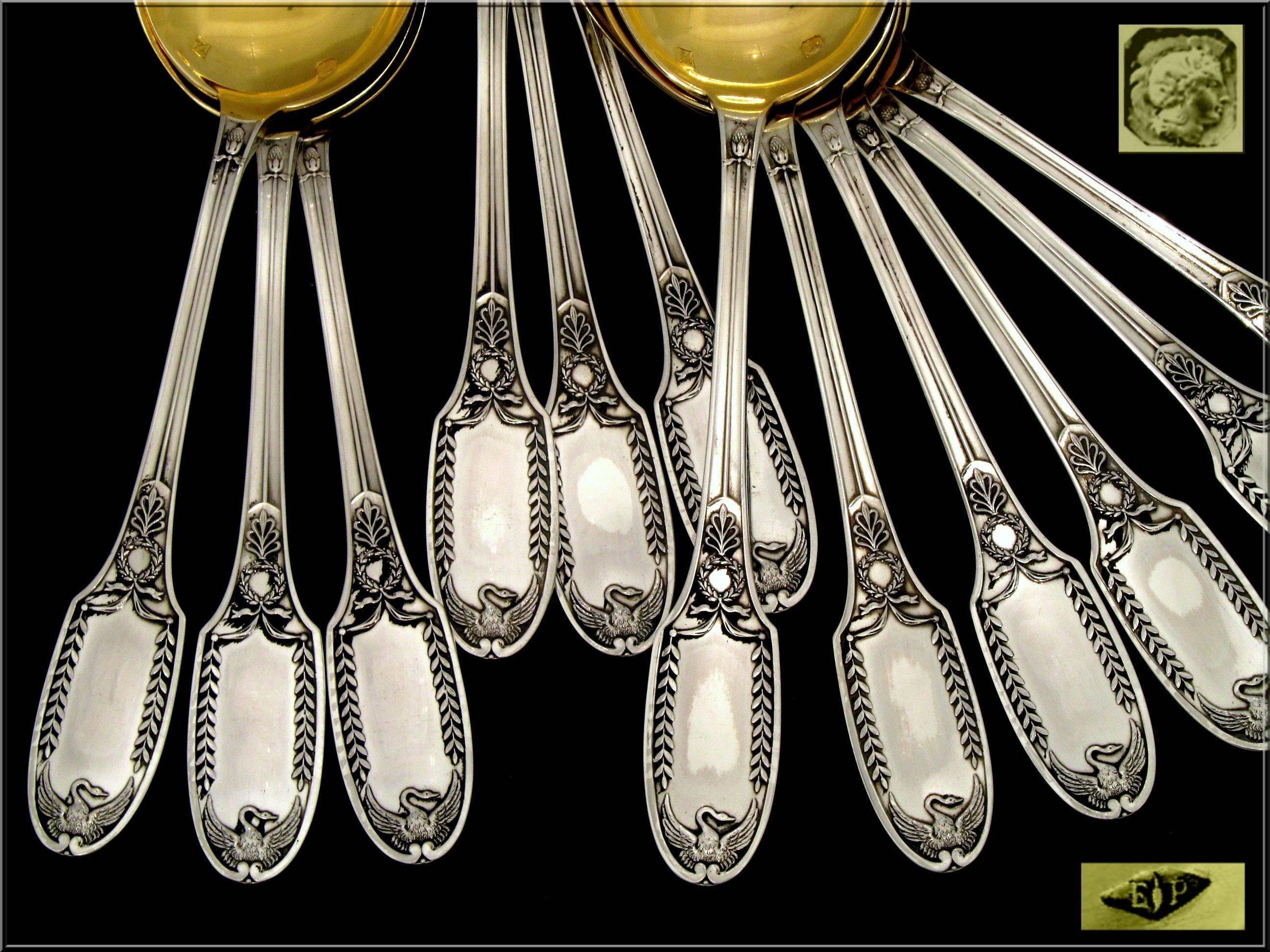 Empire PUIFORCAT French Sterling Silver Vermeil Ice Cream Spoons Set 12 pc Swans For Sale