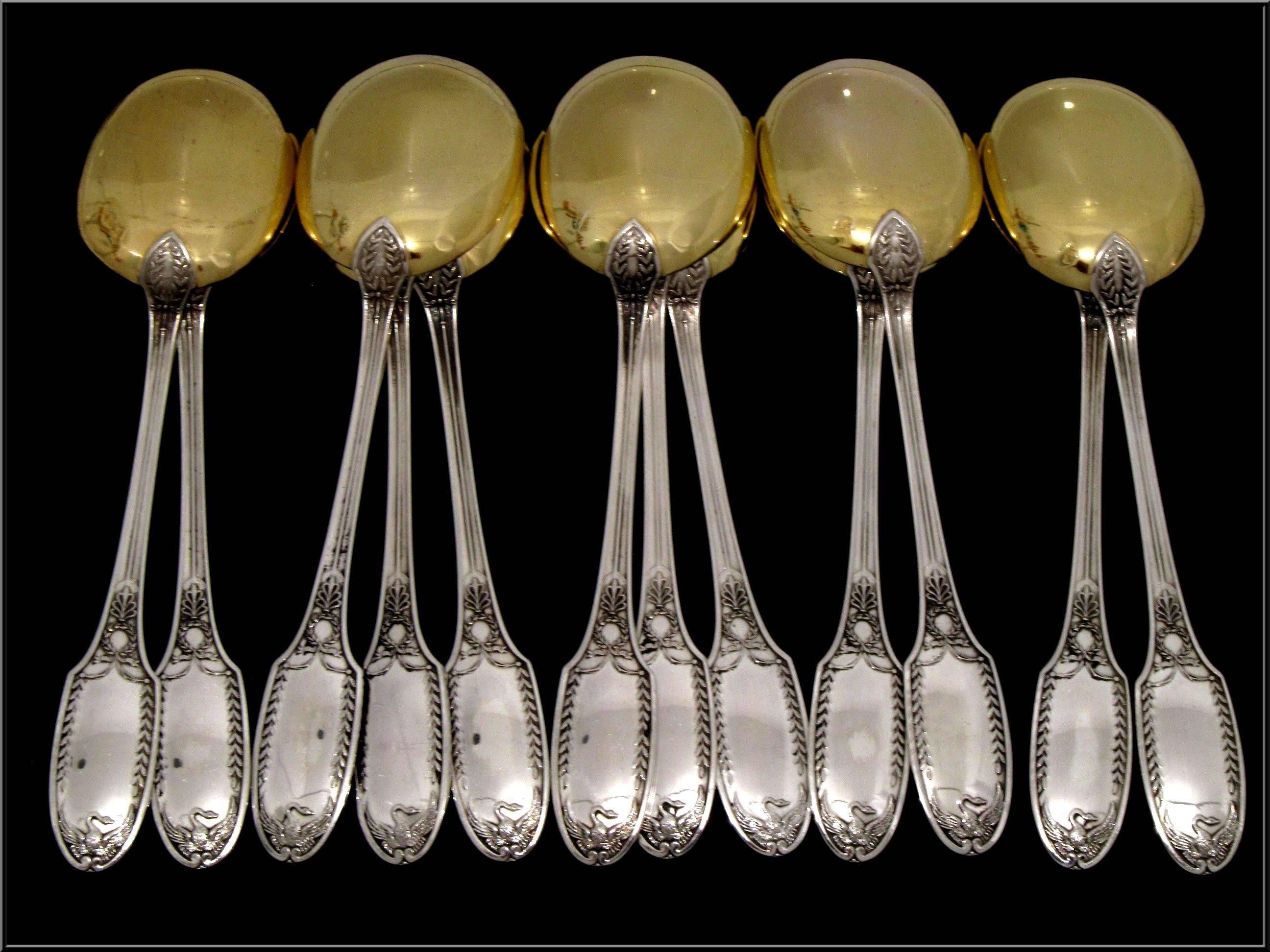 PUIFORCAT French Sterling Silver Vermeil Ice Cream Spoons Set 12 pc Swans For Sale 1
