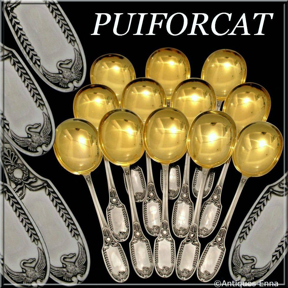 PUIFORCAT French Sterling Silver Vermeil Ice Cream Spoons Set 12 pc Swans

Head of Minerve 1 st titre for 950/1000 French Sterling Silver Vermeil guarantee. The quality of the gold used to recover sterling silver is a minimum of 750 mils