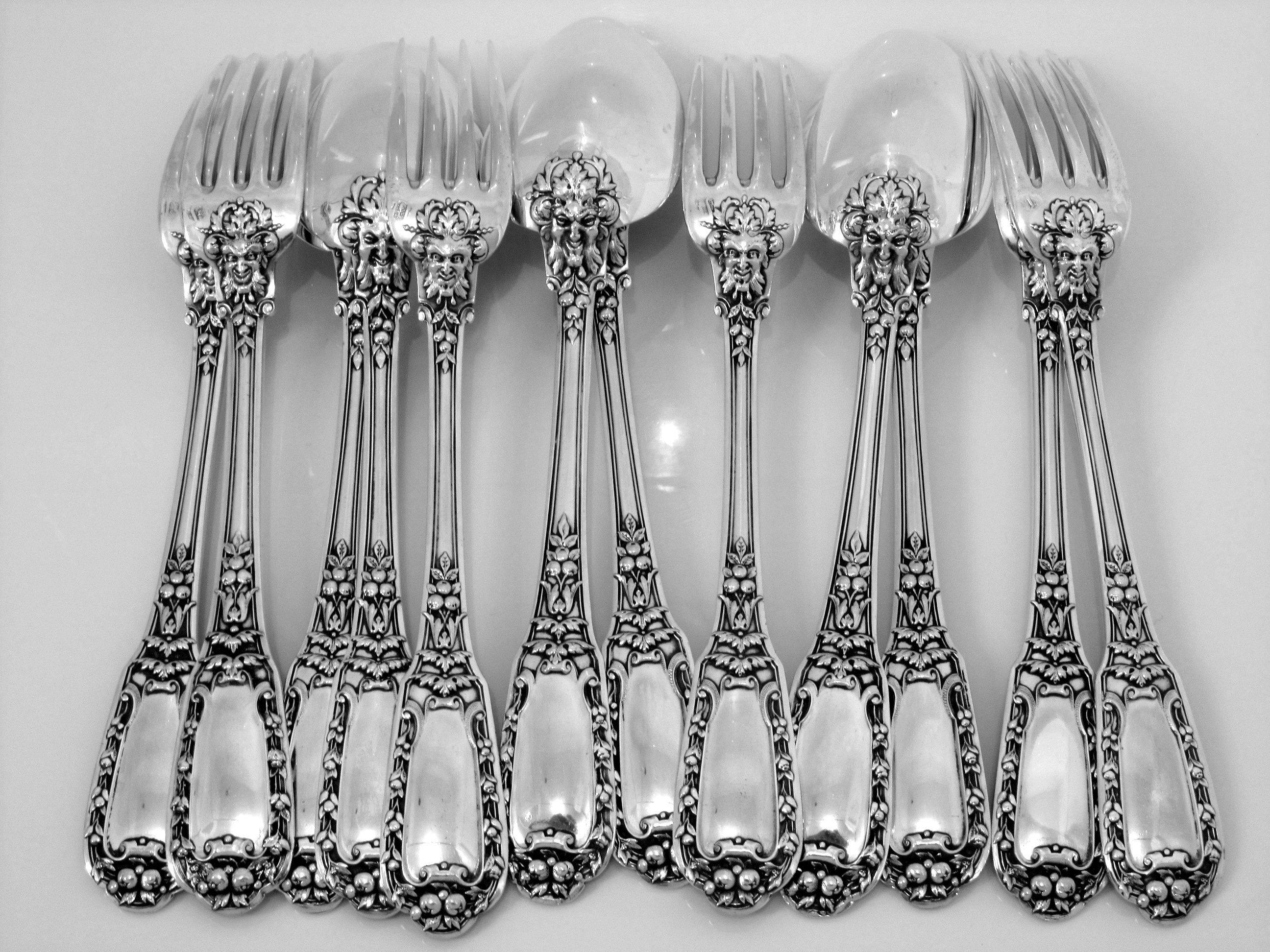 Soufflot Gorgeous French Sterling Silver Dinner Flatware Set 12 pc Mascarons For Sale 4