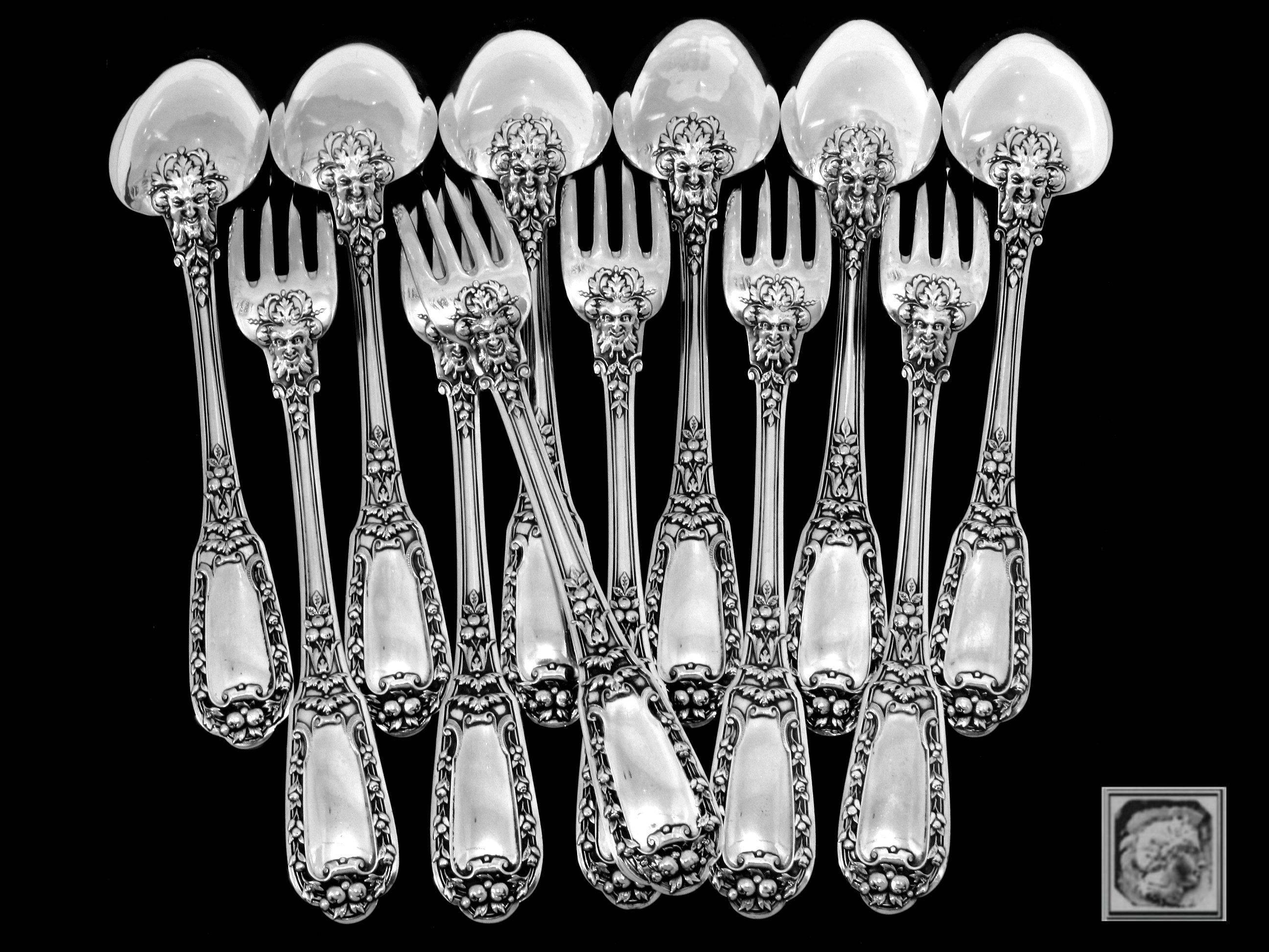 Soufflot Gorgeous French Sterling Silver Dinner Flatware Set 12 pc Mascarons For Sale 2