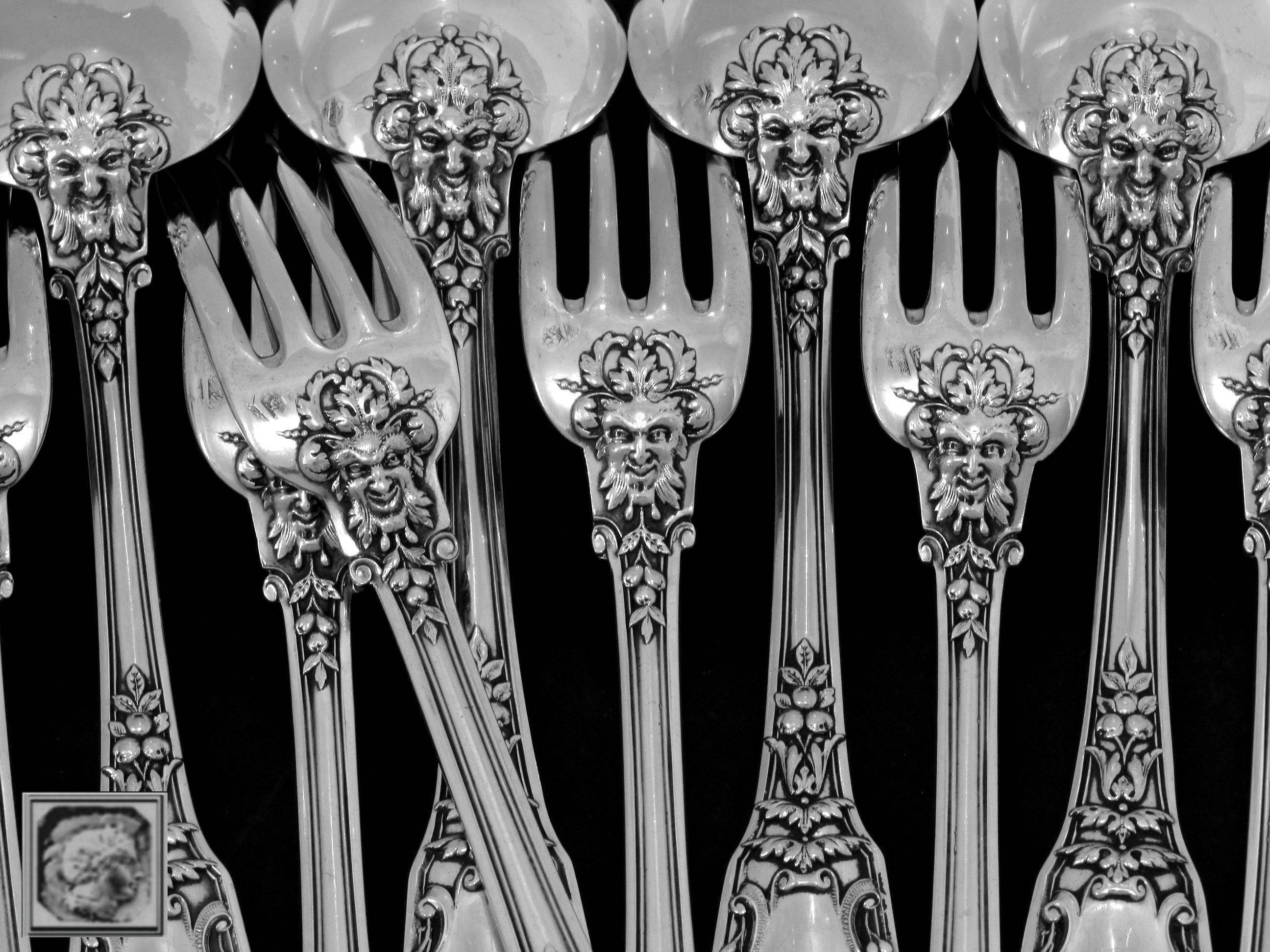 Renaissance Soufflot Gorgeous French Sterling Silver Dinner Flatware Set 12 pc Mascarons For Sale