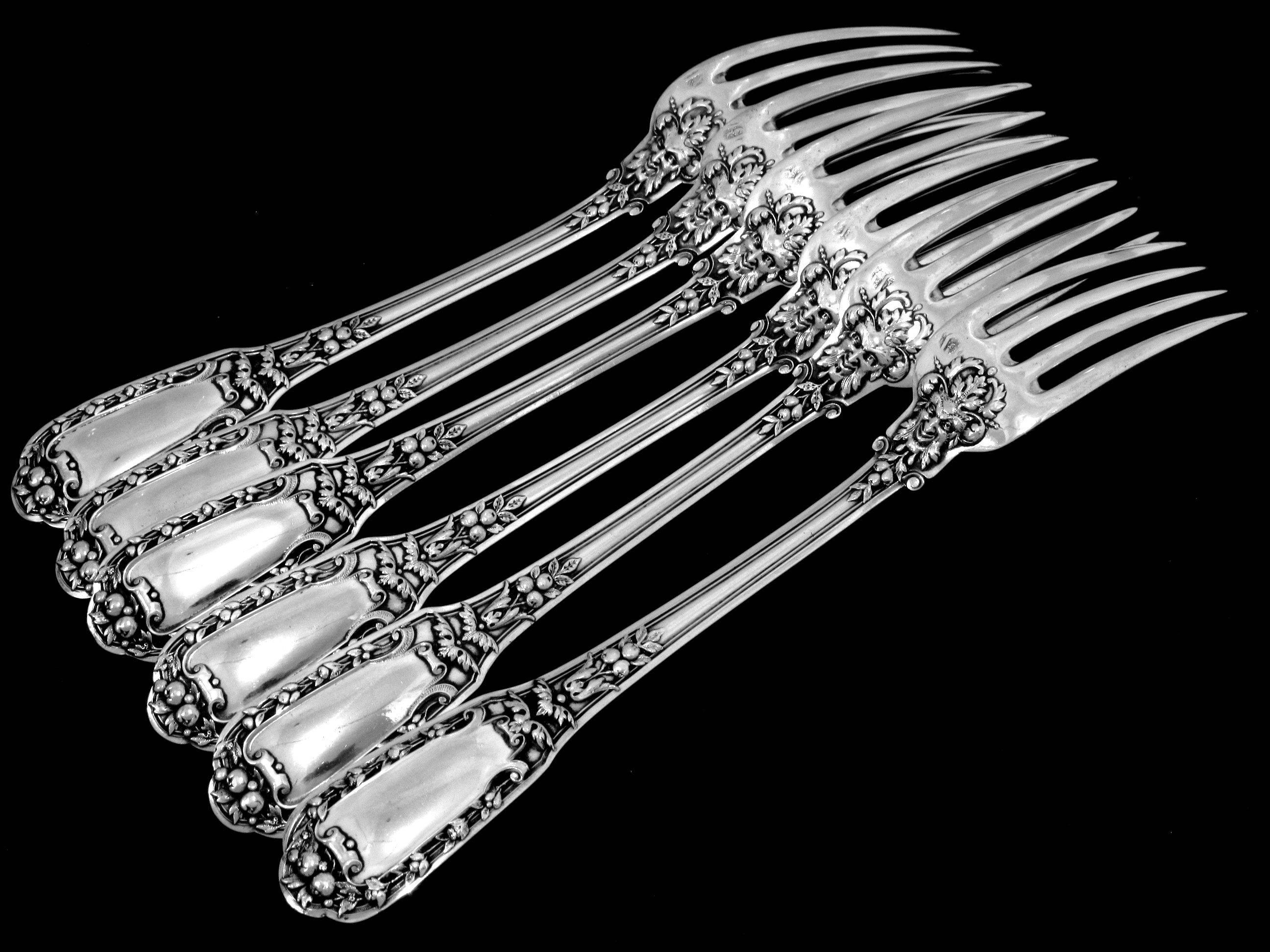 Women's or Men's Soufflot Gorgeous French Sterling Silver Dinner Flatware Set 12 pc Mascarons For Sale