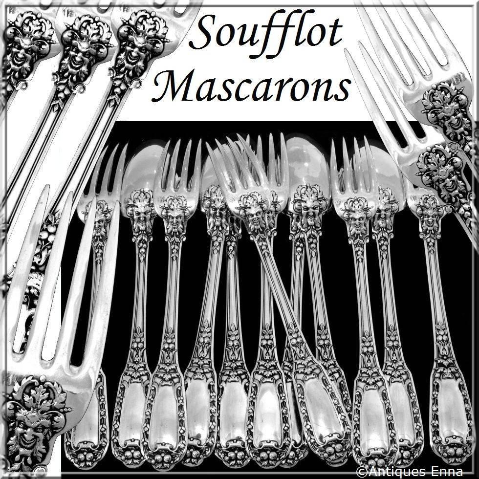 Soufflot Gorgeous French Sterling Silver Dinner Flatware Set 12 pc Mascarons

Head of Minerve 1 st titre for 950/1000 French Sterling Silver 

An Renaissance decoration on the handles with mascaron and foliage. Both design and quality of