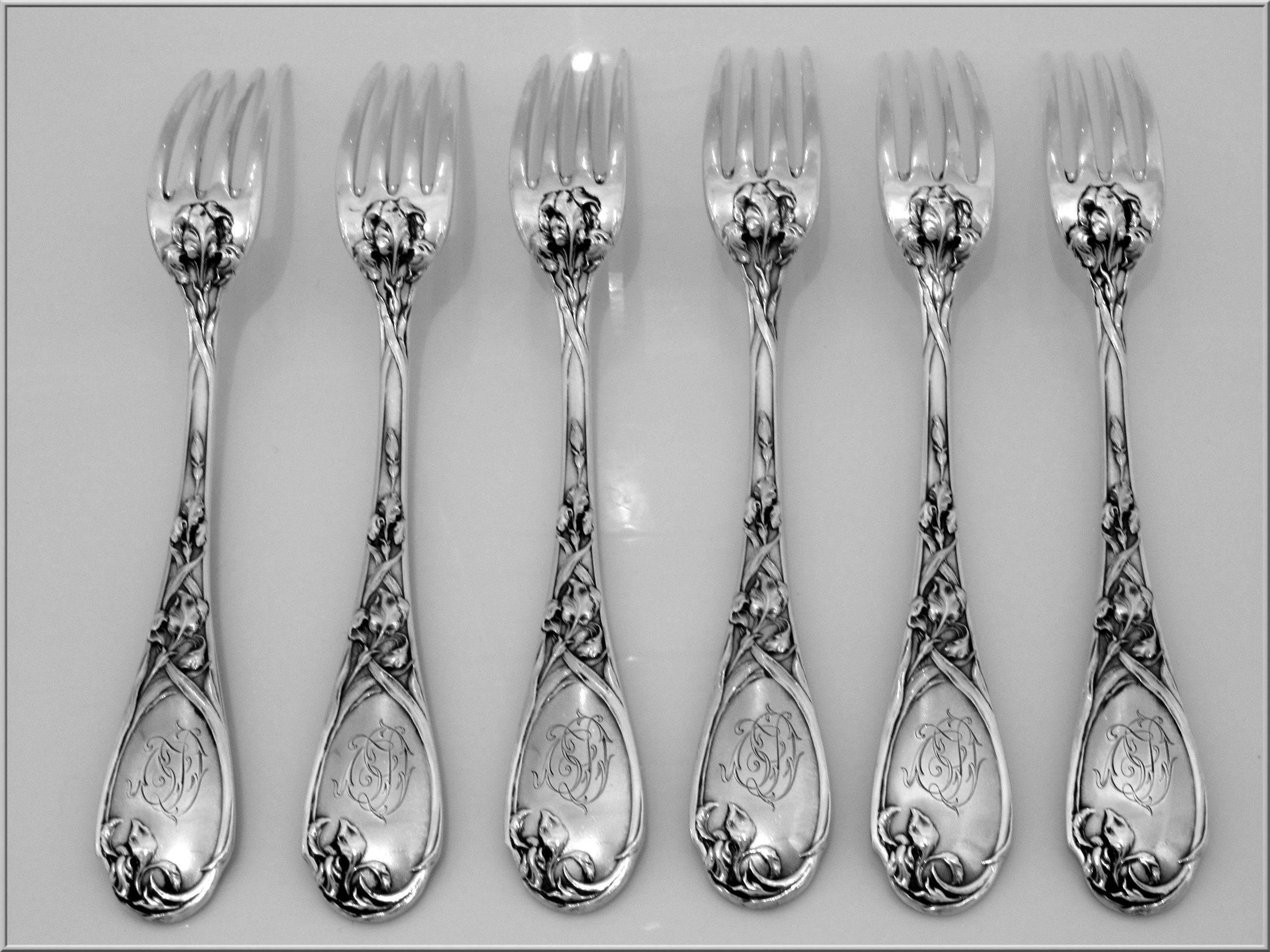 Puiforcat Fabulous French Sterling Silver Dinner Forks Set 6 pc Iris   In Good Condition For Sale In Triaize, Pays de Loire