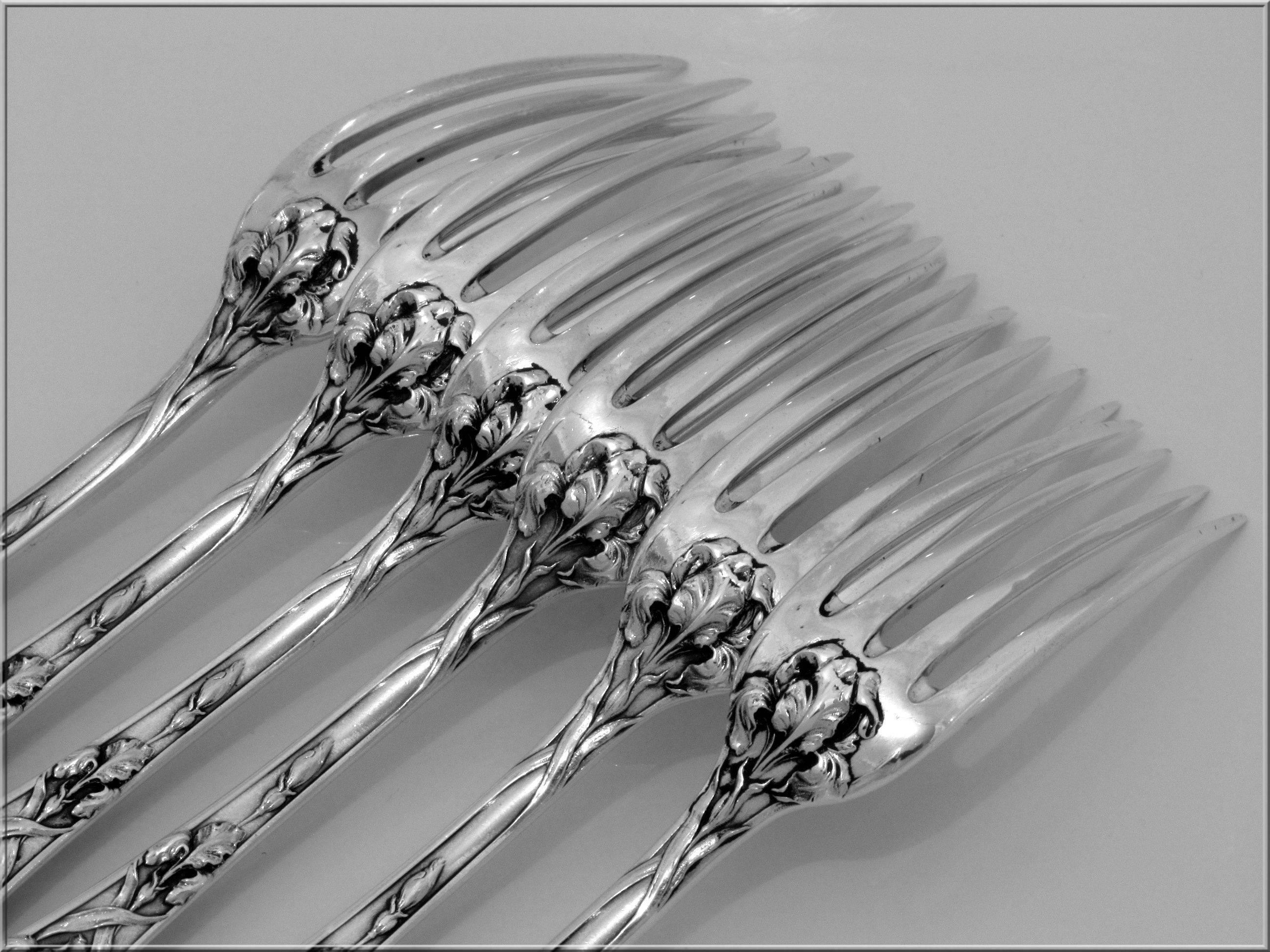 Puiforcat Fabulous French Sterling Silver Dinner Forks Set 6 pc Iris   For Sale 1