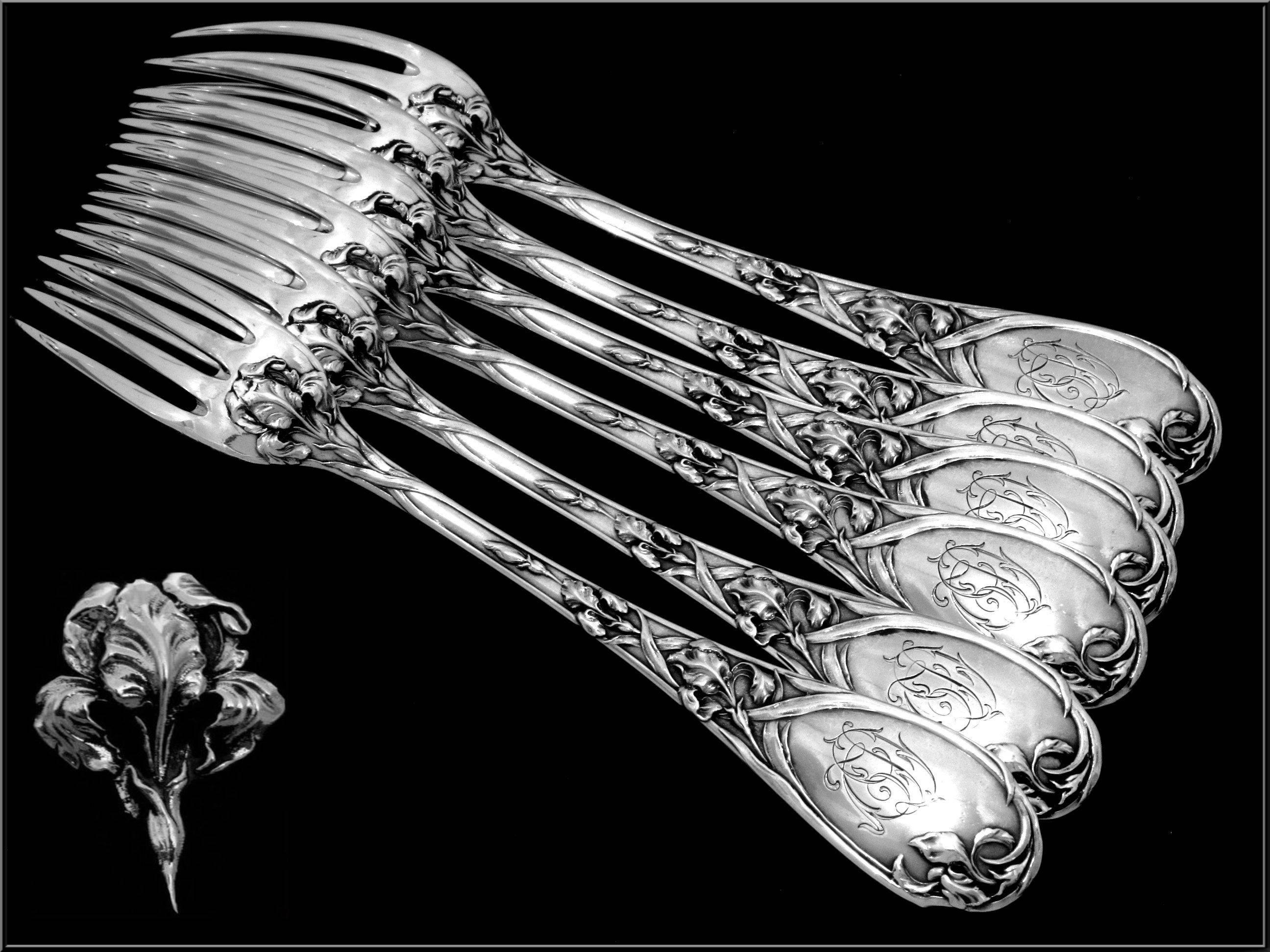 Women's or Men's Puiforcat Fabulous French Sterling Silver Dinner Forks Set 6 pc Iris   For Sale