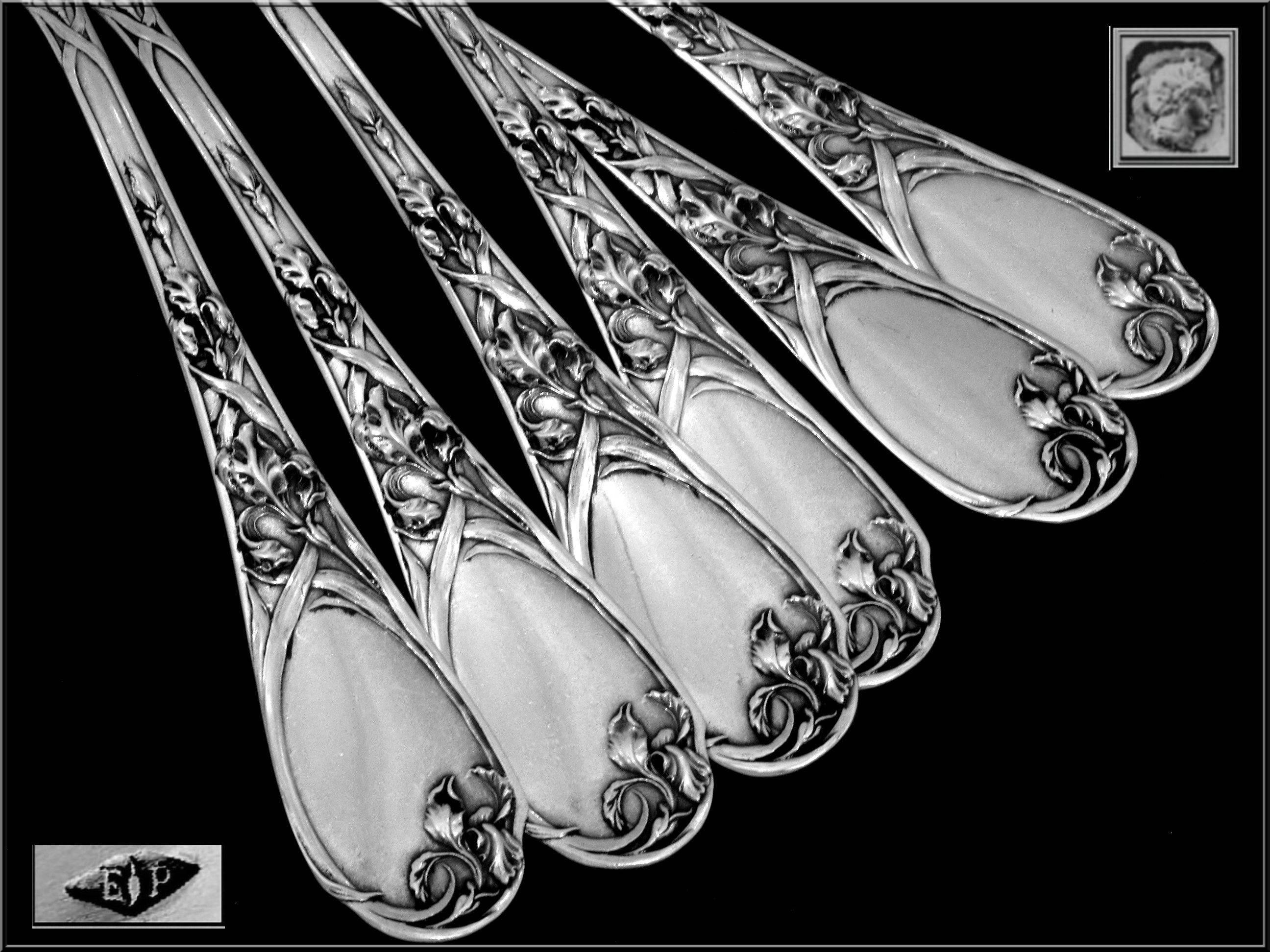 Art Nouveau Puiforcat Fabulous French Sterling Silver Dinner Forks Set 6 pc Iris   For Sale