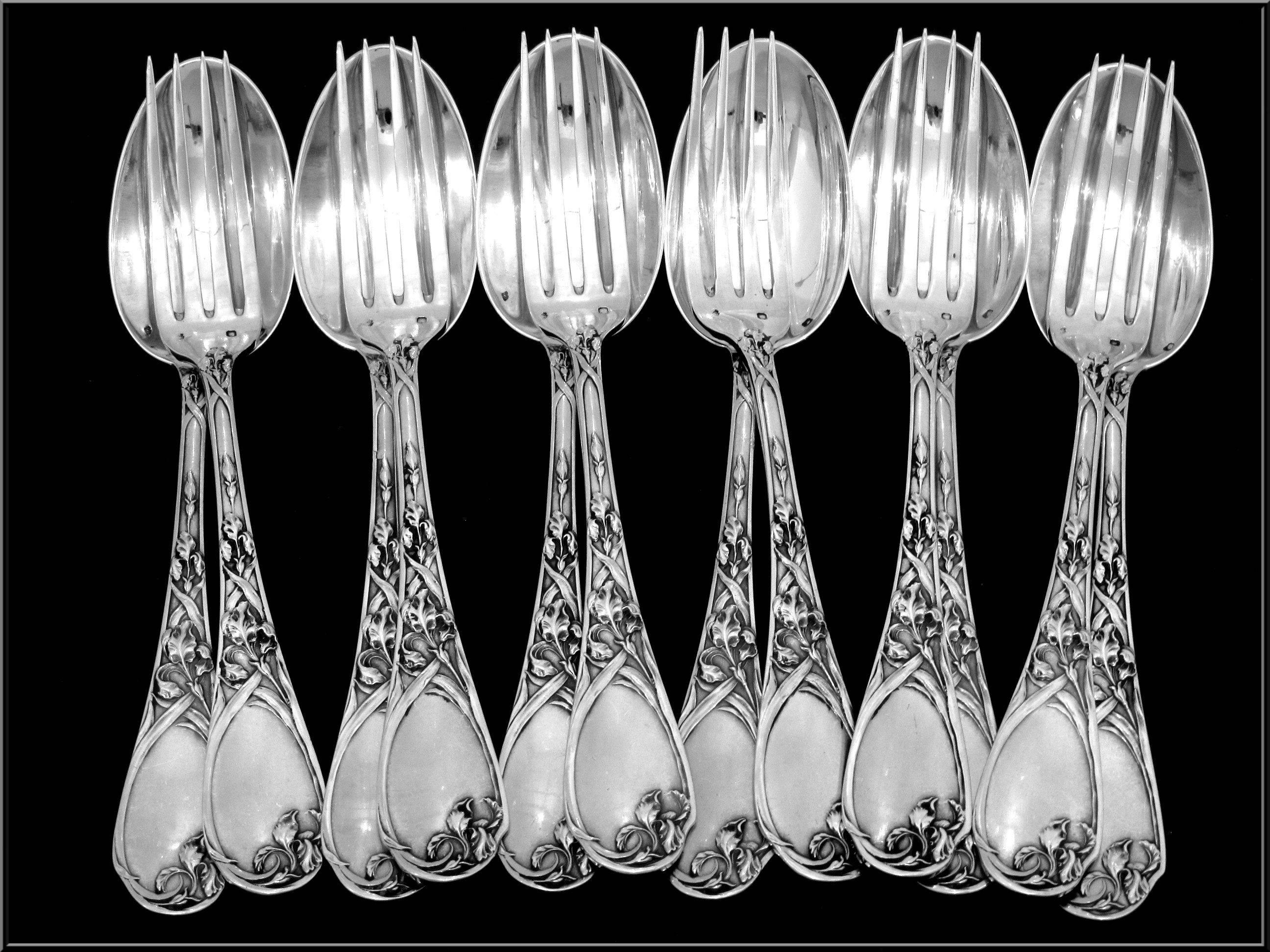 PUIFORCAT Fabulous French Sterling Silver Dinner Flatware Set 12 pc Iris  For Sale 2