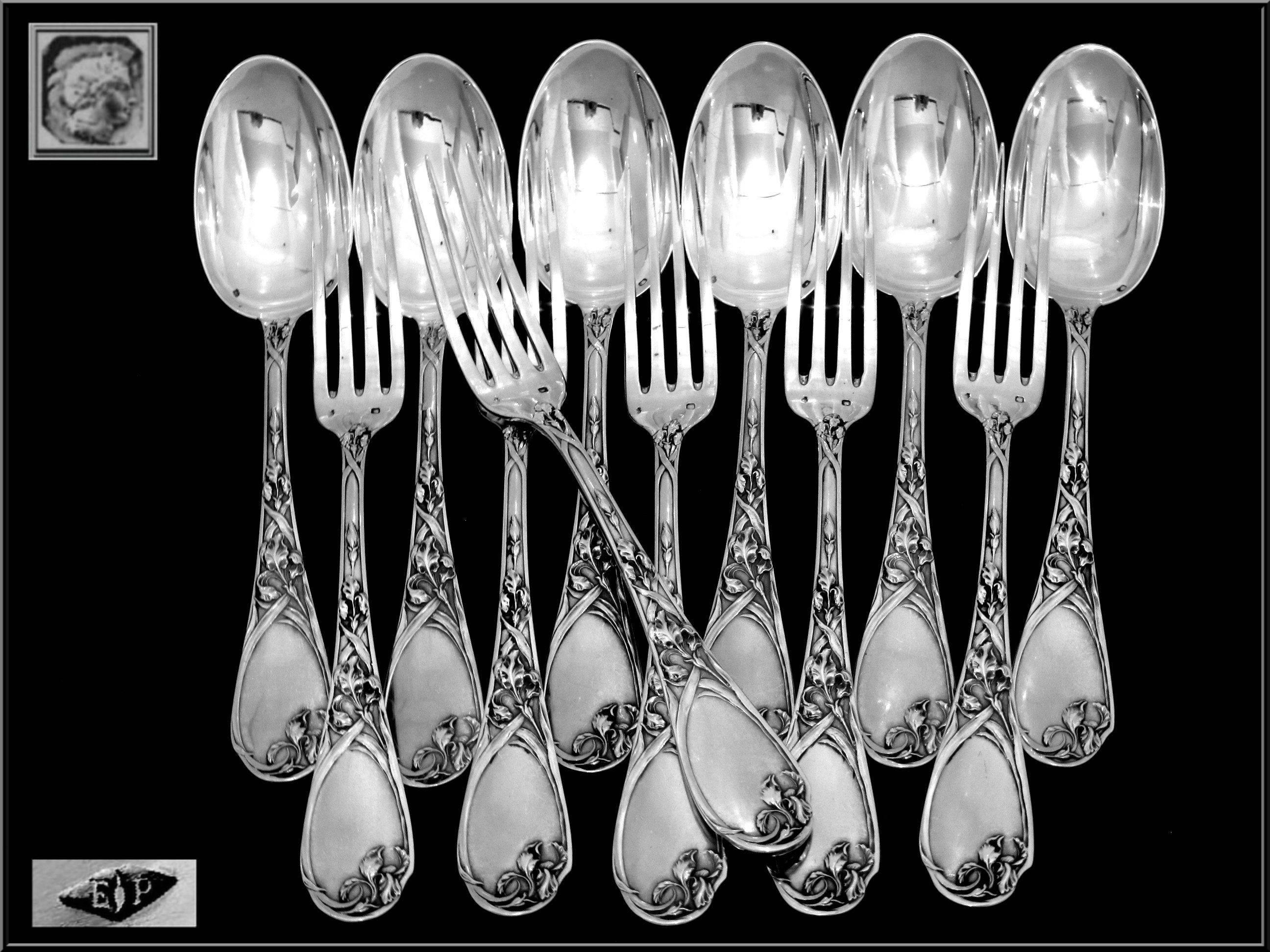 PUIFORCAT Fabulous French Sterling Silver Dinner Flatware Set 12 pc Iris  In Good Condition For Sale In Triaize, Pays de Loire