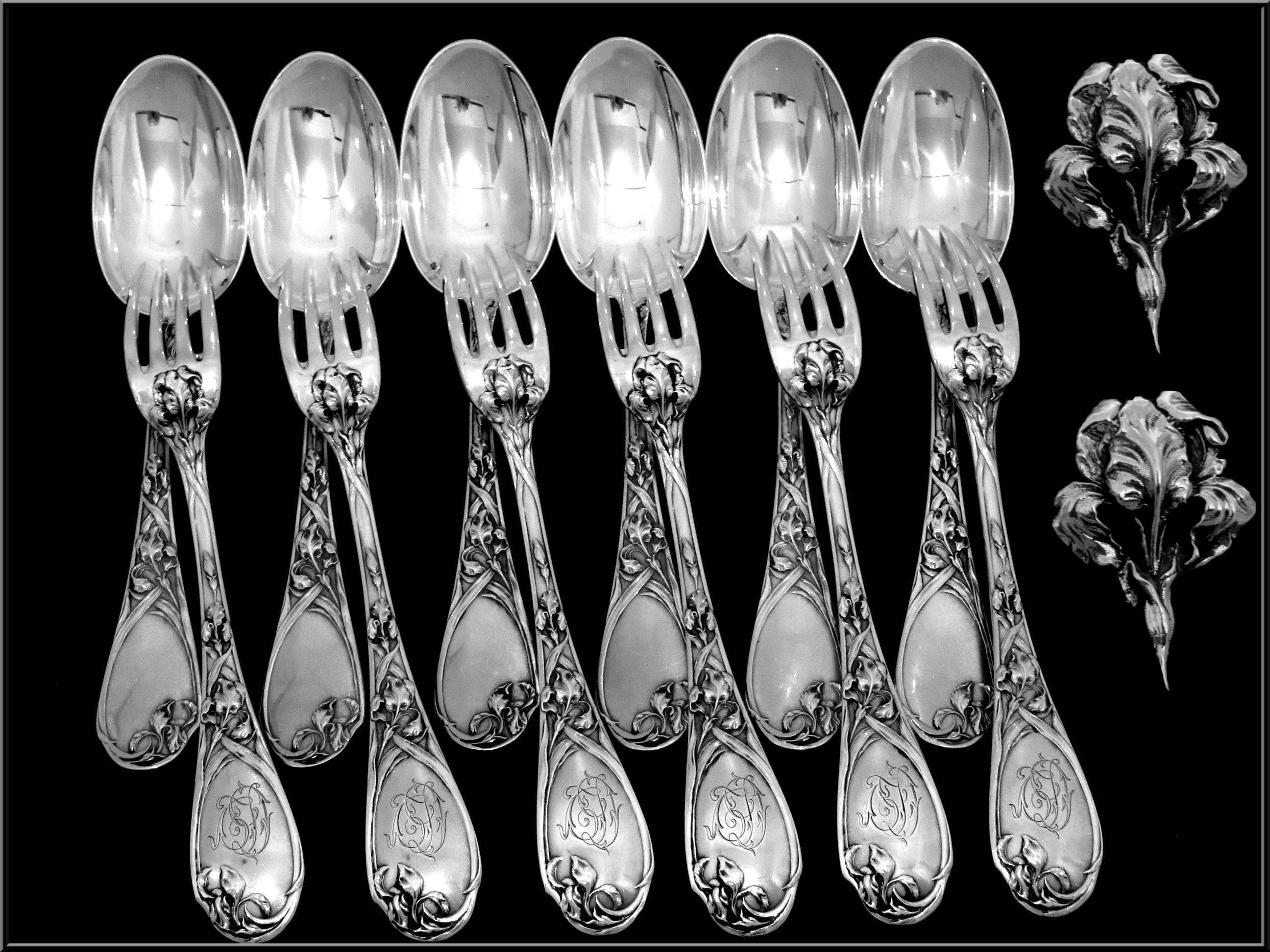 PUIFORCAT Fabulous French Sterling Silver Dinner Flatware Set 12 pc Iris  For Sale 3