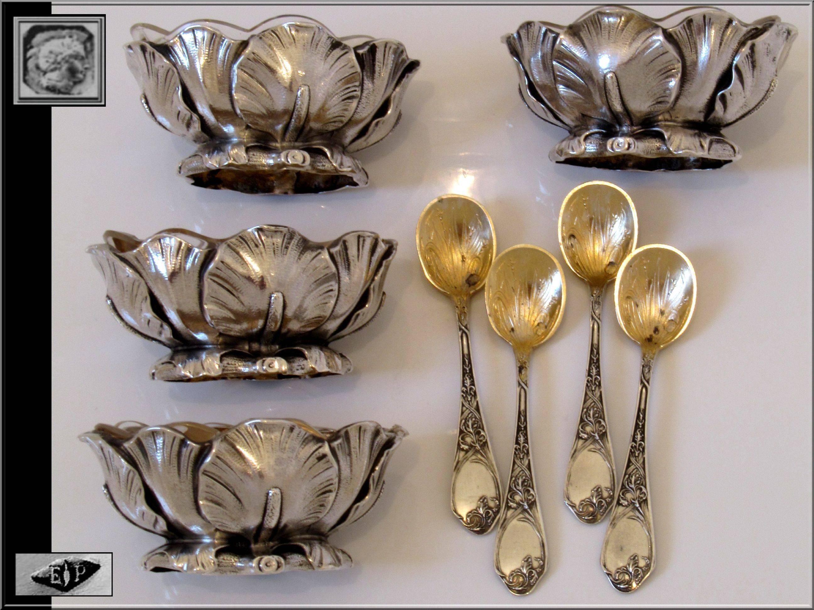 Art Nouveau Puiforcat French Sterling Silver Set 4 Salt Cellars original Spoons and Box Iris
