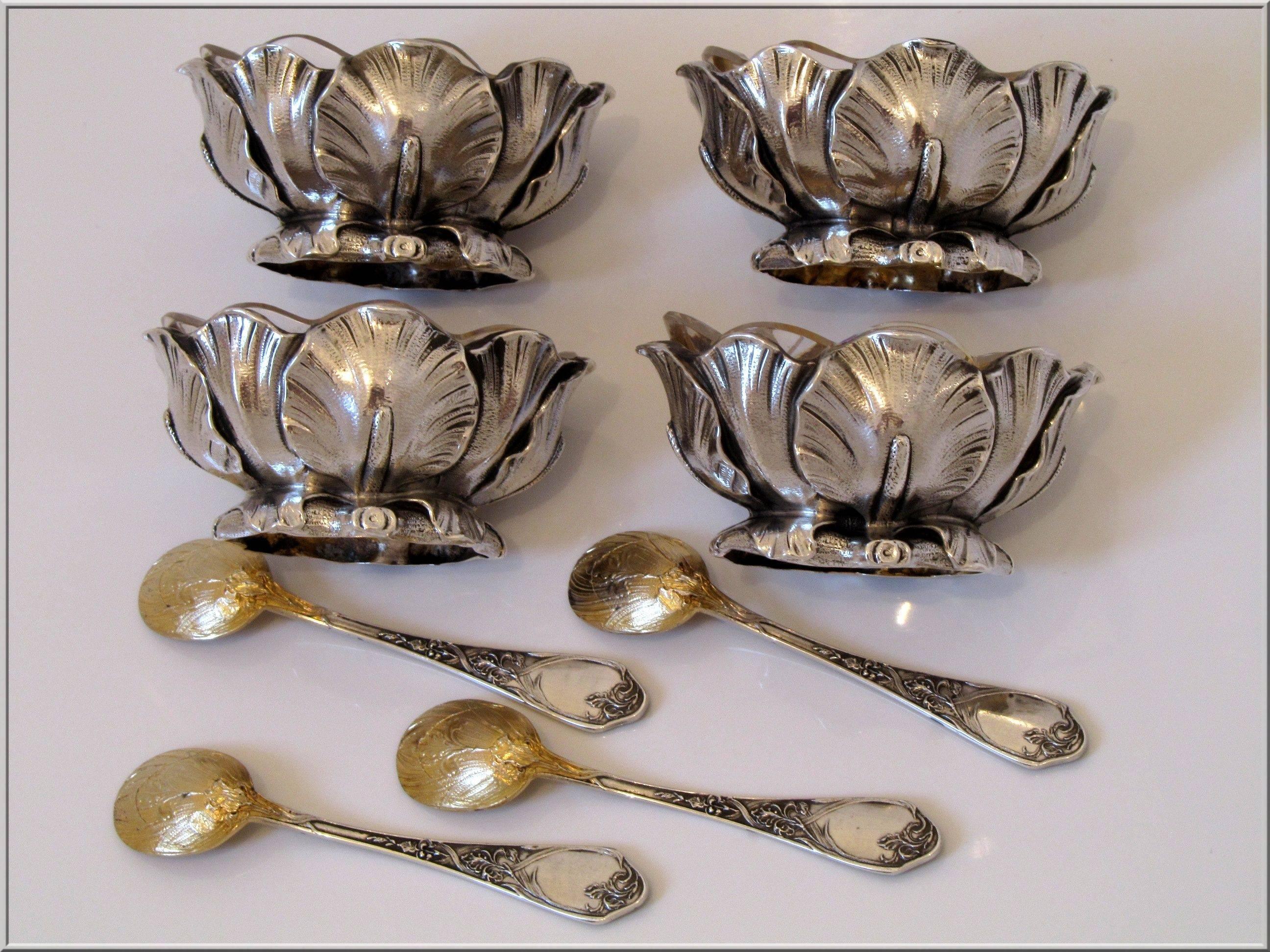 Puiforcat French Sterling Silver Set 4 Salt Cellars original Spoons and Box Iris 2