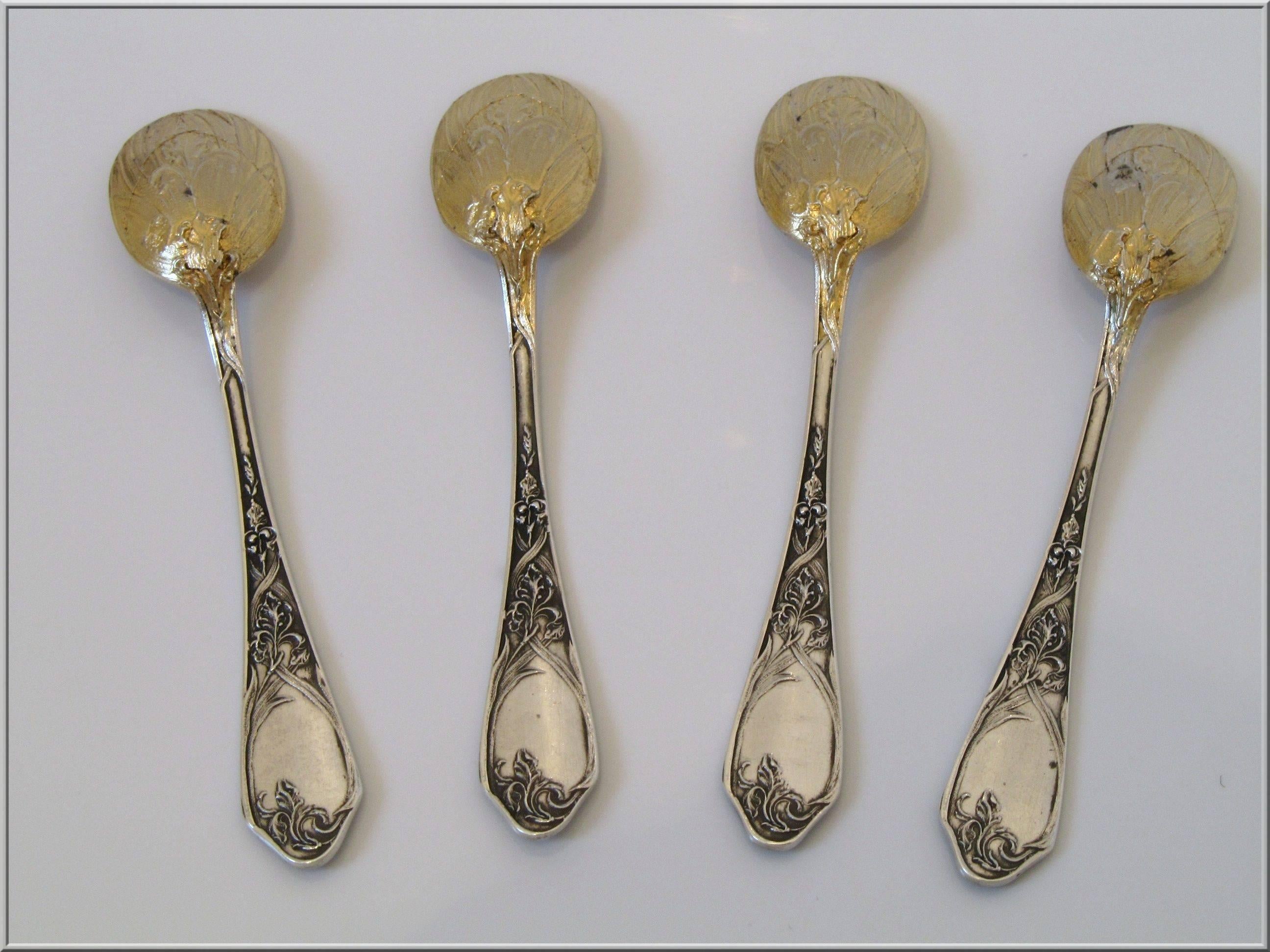 Puiforcat French Sterling Silver Set 4 Salt Cellars original Spoons and Box Iris 1