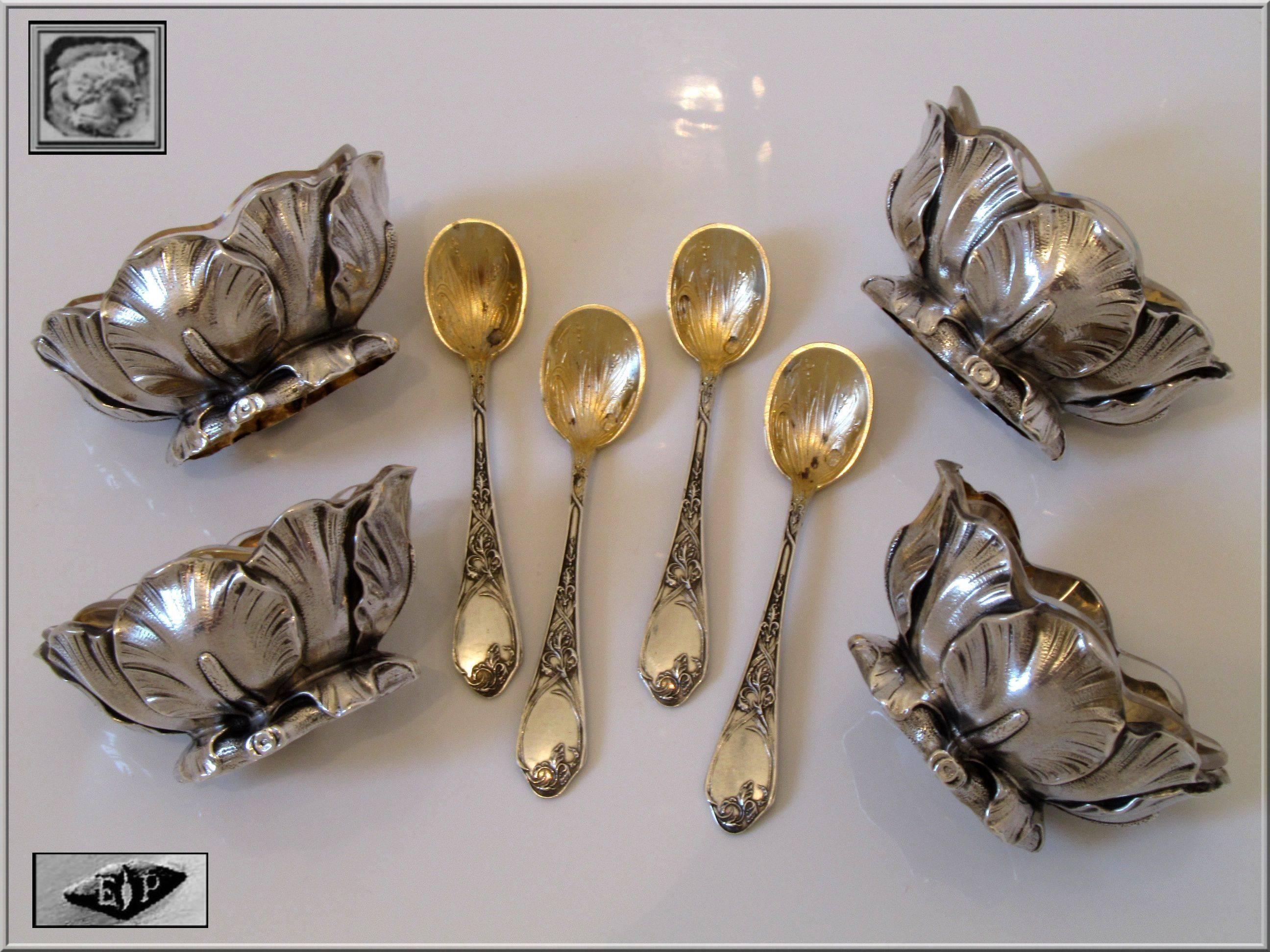 Women's or Men's Puiforcat French Sterling Silver Set 4 Salt Cellars original Spoons and Box Iris