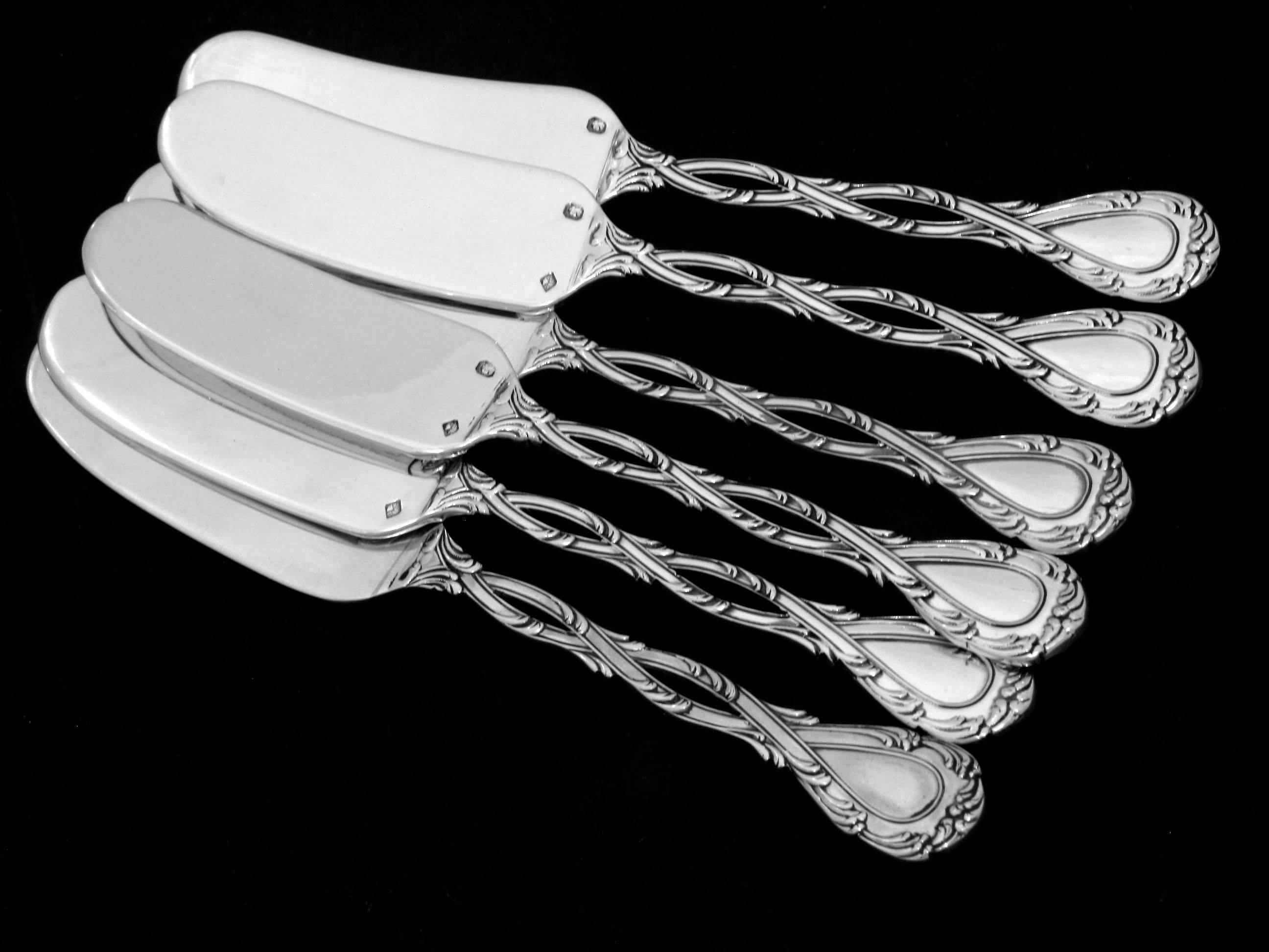 Odiot Tetard French All Sterling Silver Butter Spreader Set 6 pc Trianon pattern 1