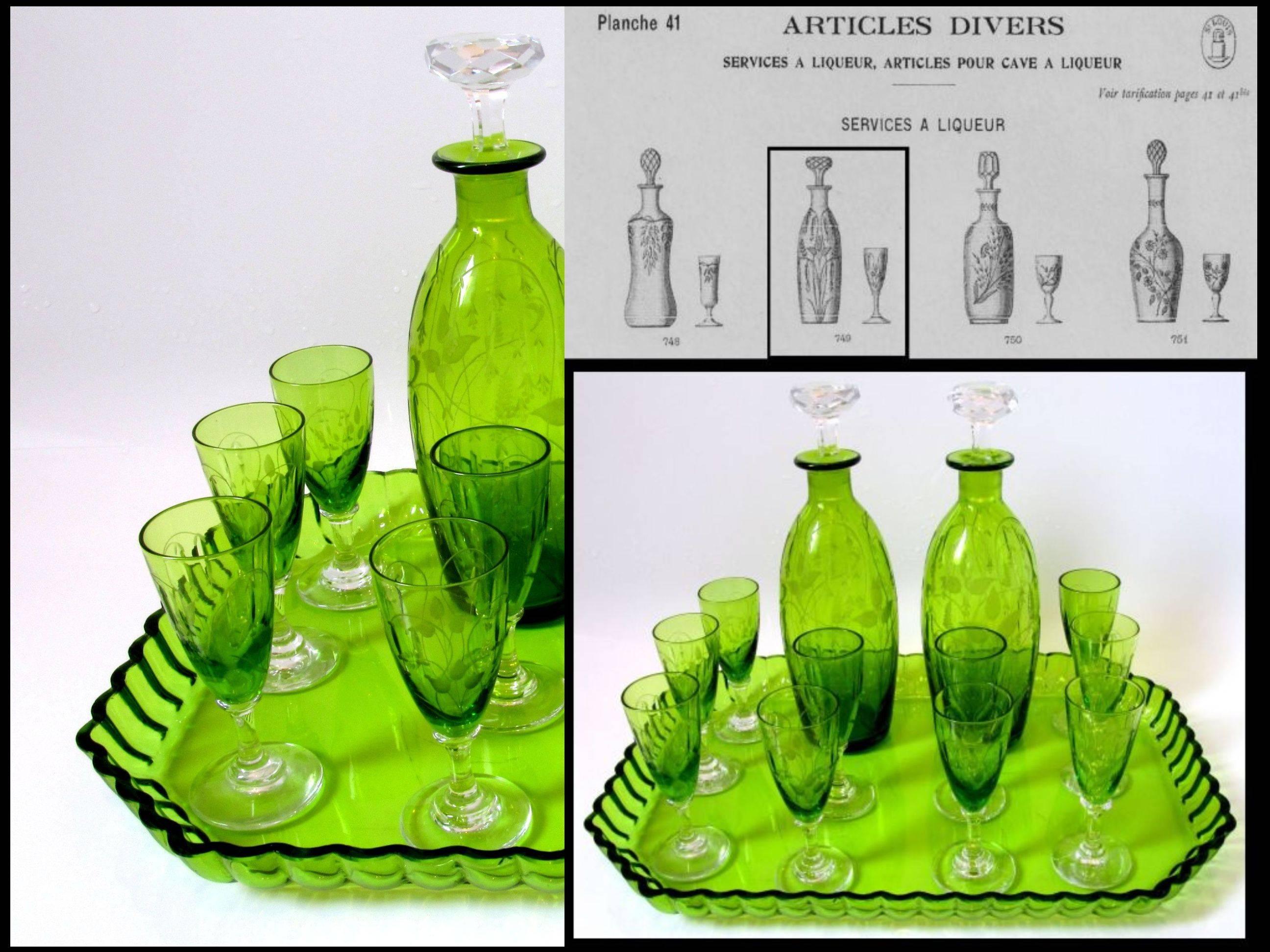 1900s St. Louis French Green Cut Crystal Liquor Set - Decanter Cordials and Tray For Sale 5
