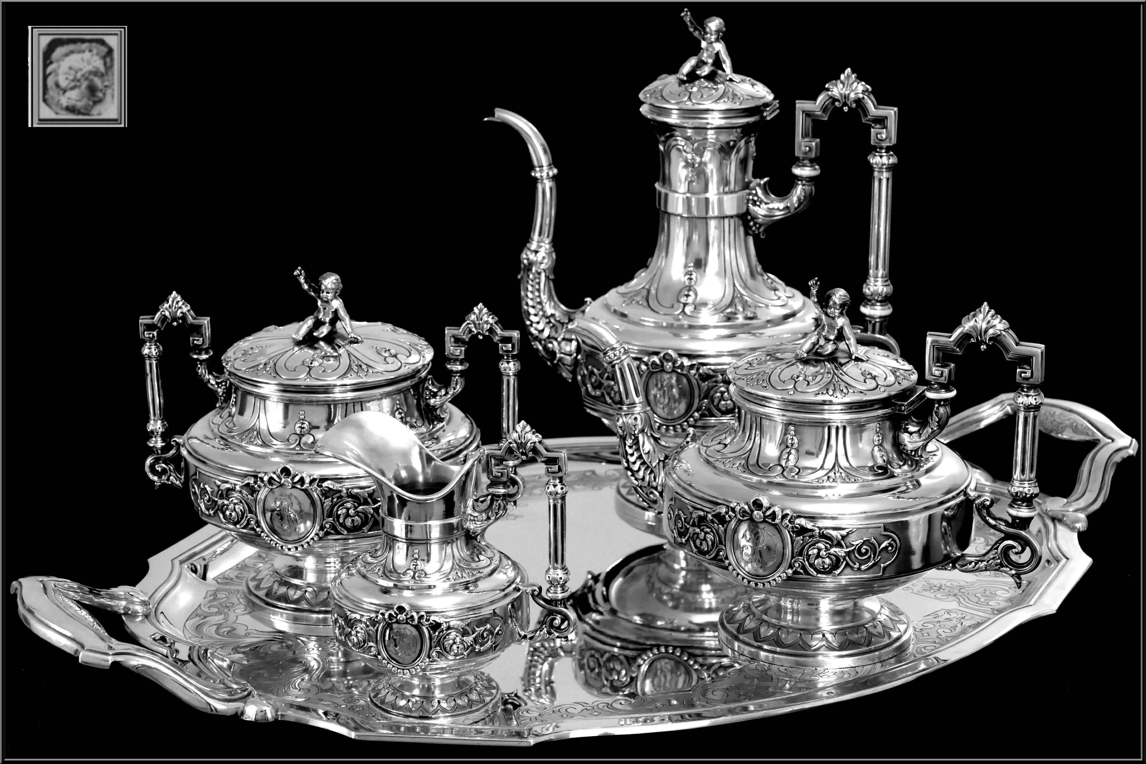 Neoclassical Boulenger Fabulous French All Sterling Silver Tea & Coffee Service 5 pc Putti