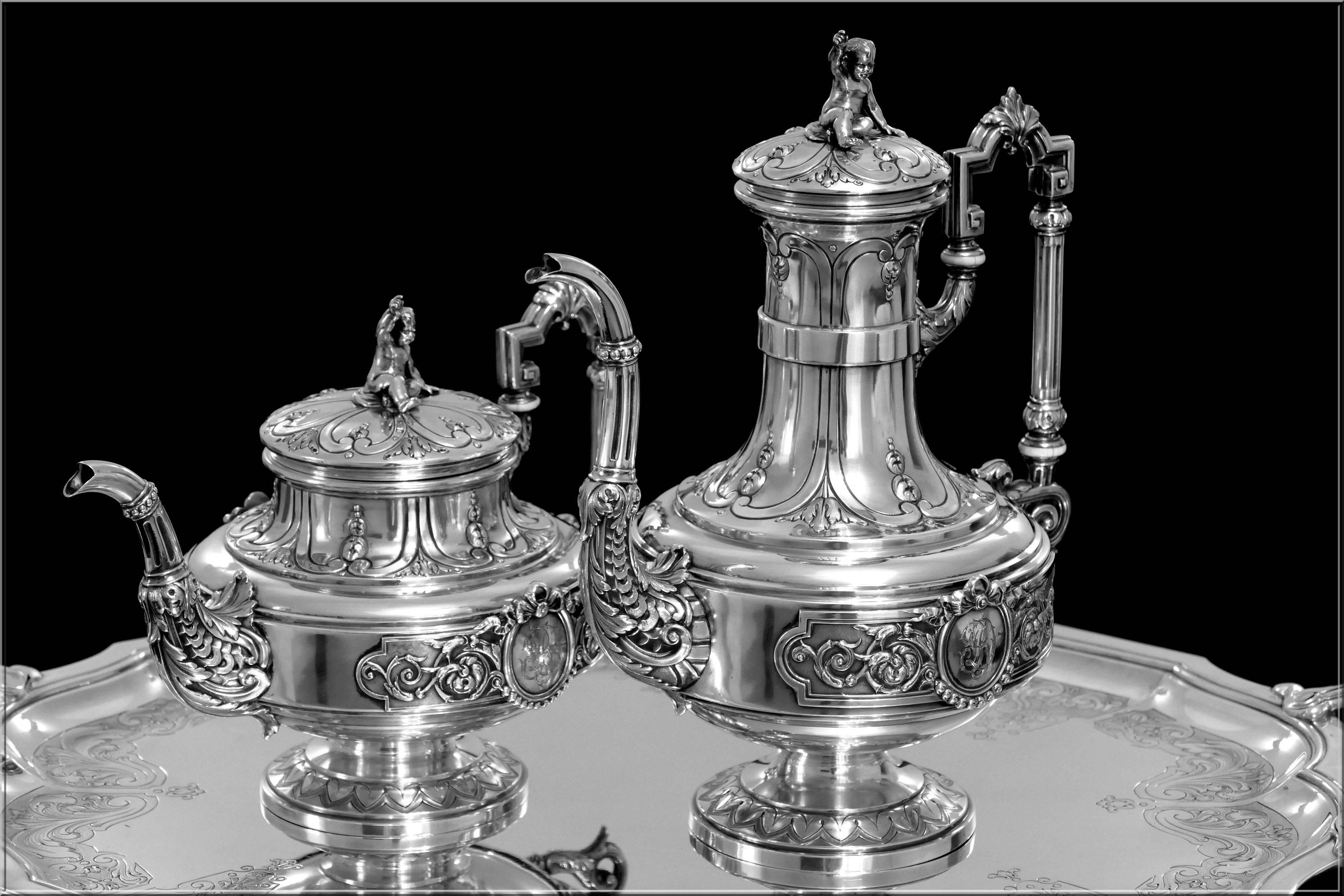 Boulenger Fabulous French All Sterling Silver Tea & Coffee Service 5 pc Putti In Good Condition In Triaize, Pays de Loire
