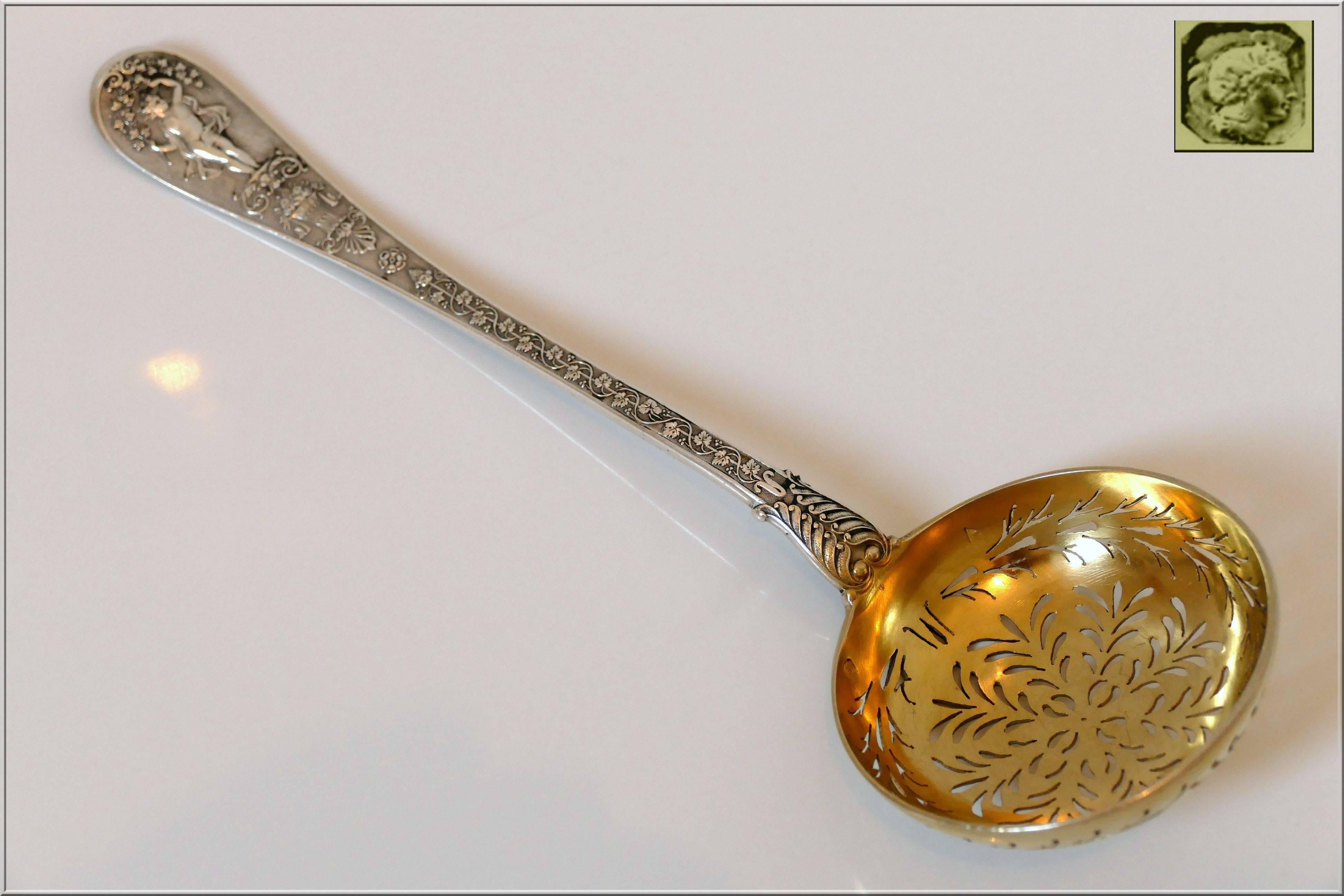 Empire Queille Masterpiece French All Sterling Silver 18k Sugar Sifter Spoon Swan, Putti