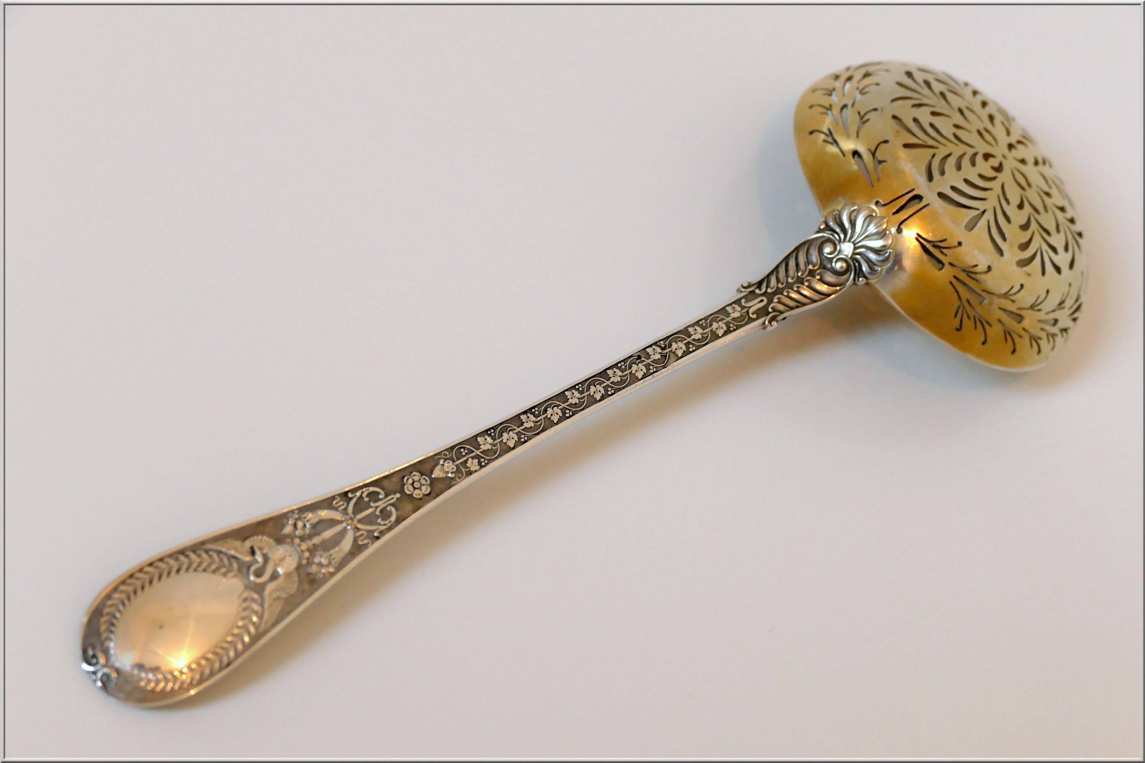 Women's or Men's Queille Masterpiece French All Sterling Silver 18k Sugar Sifter Spoon Swan, Putti