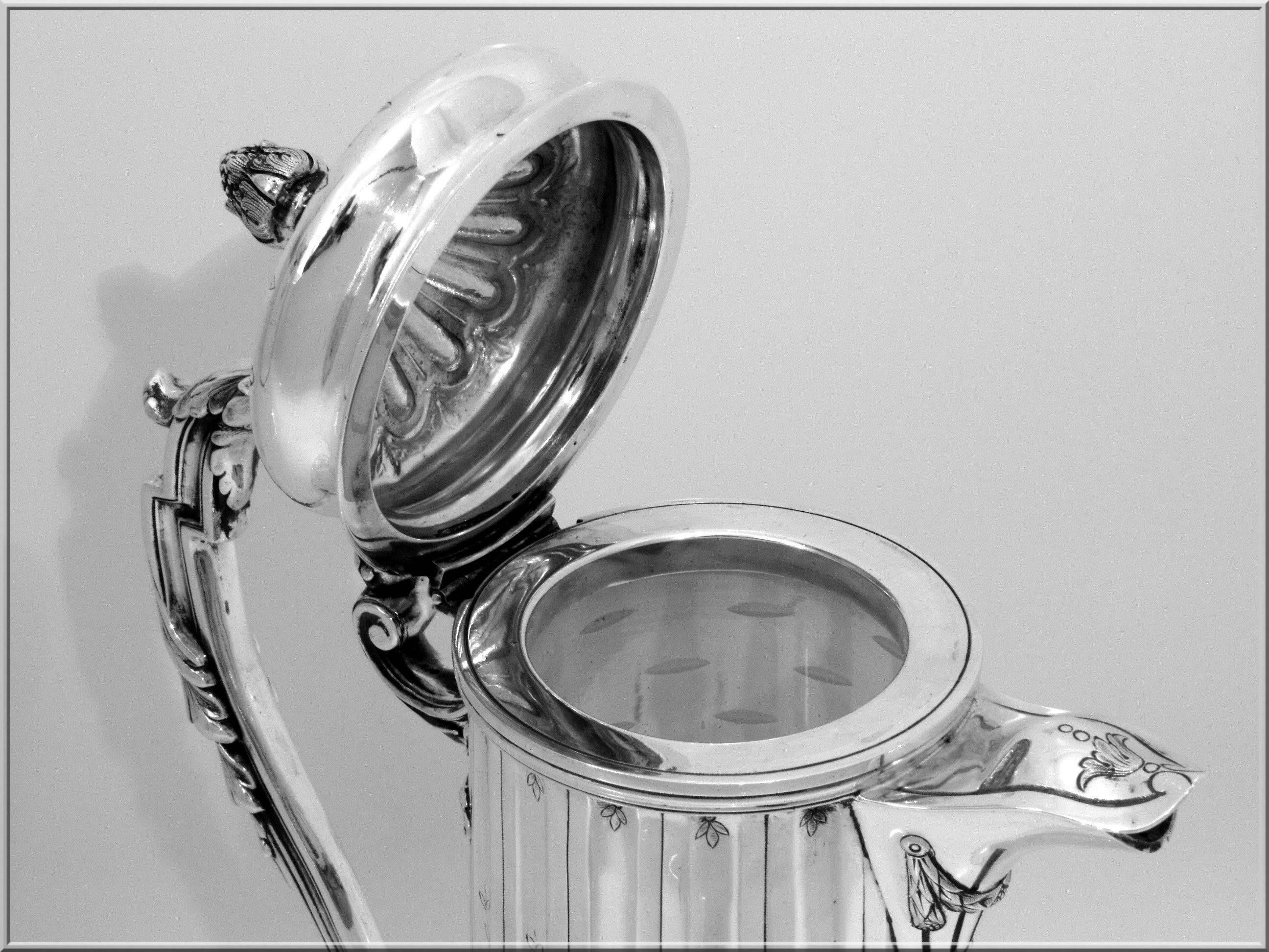 Antique French Sterling Silver Crystal Serving Decanter, Pitcher Neoclassical For Sale 5