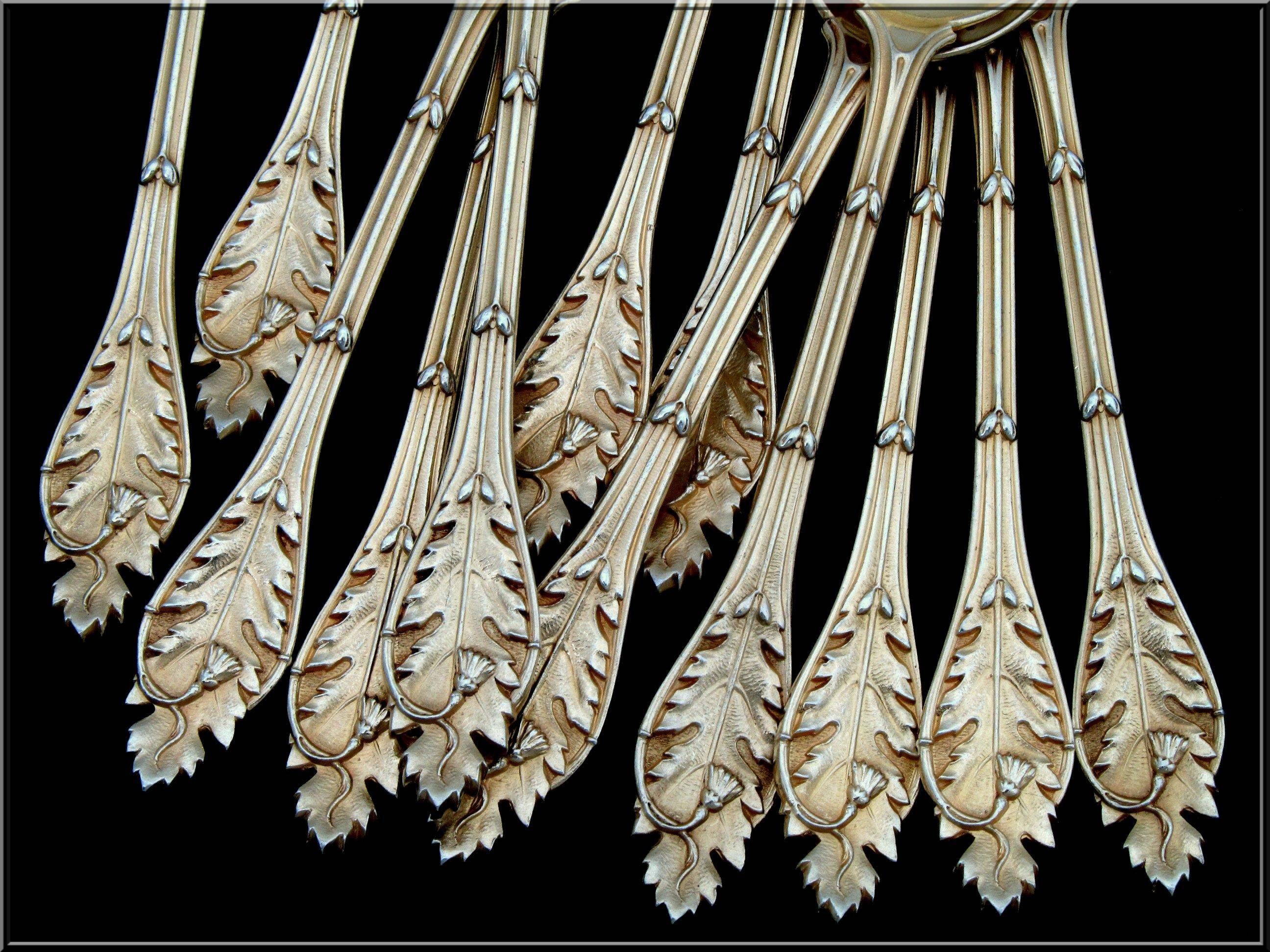 Linzeler Masterpiece French Sterling Silver Vermeil Ice Cream Spoons Set 12 pc In Good Condition For Sale In Triaize, Pays de Loire