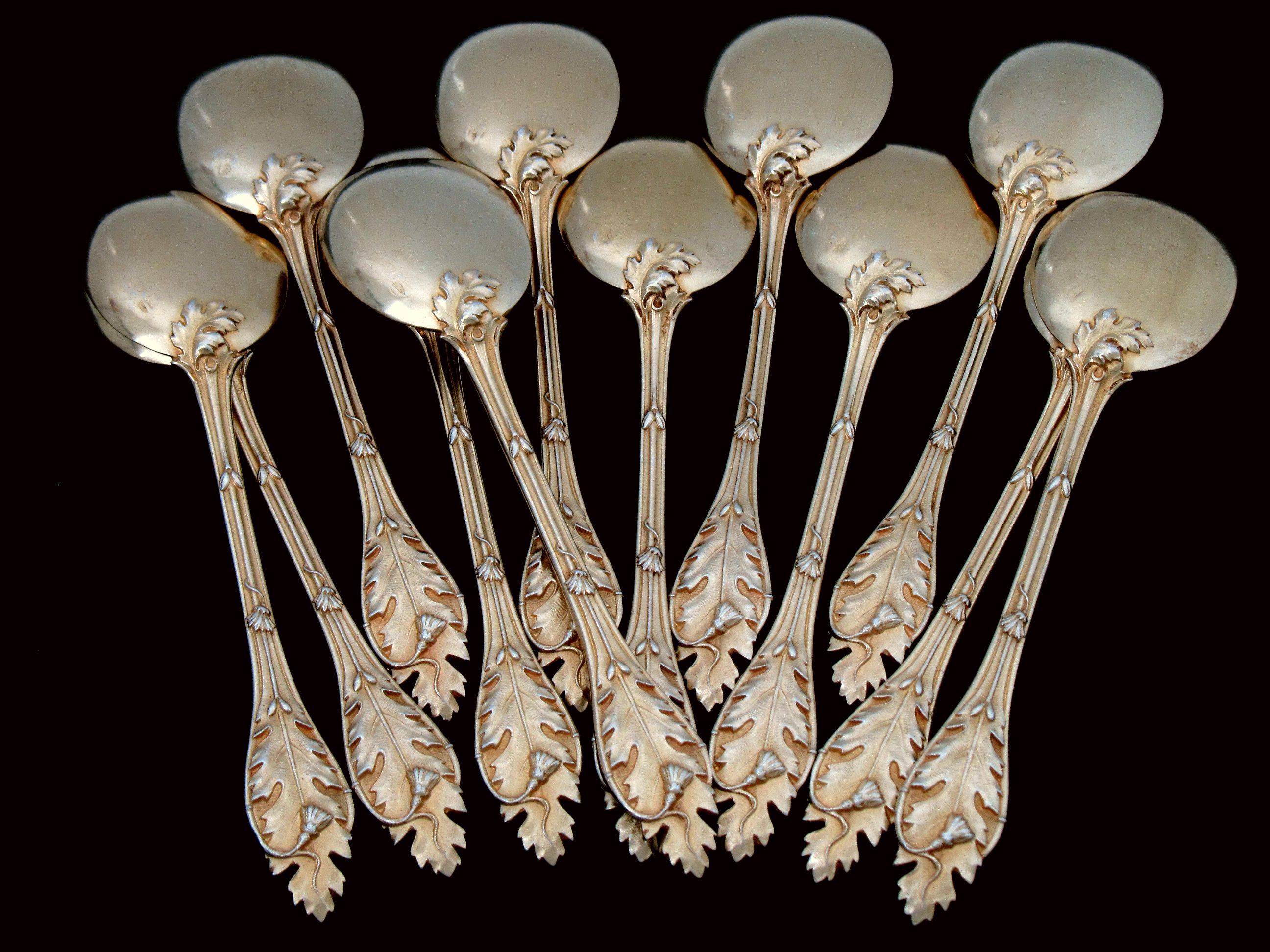 Linzeler Masterpiece French Sterling Silver Vermeil Ice Cream Spoons Set 12 pc For Sale 5