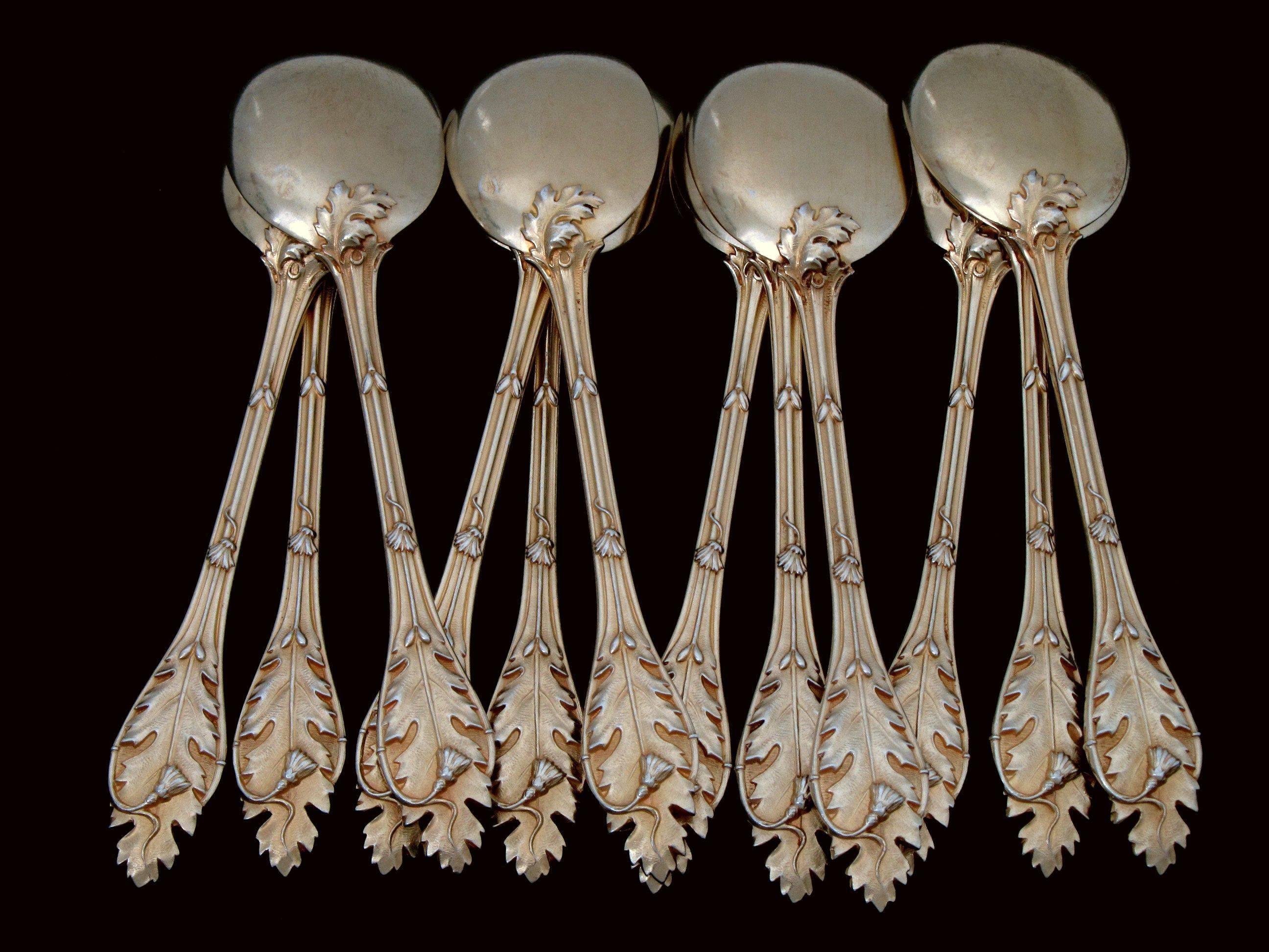 Linzeler Masterpiece French Sterling Silver Vermeil Ice Cream Spoons Set 12 pc For Sale 2