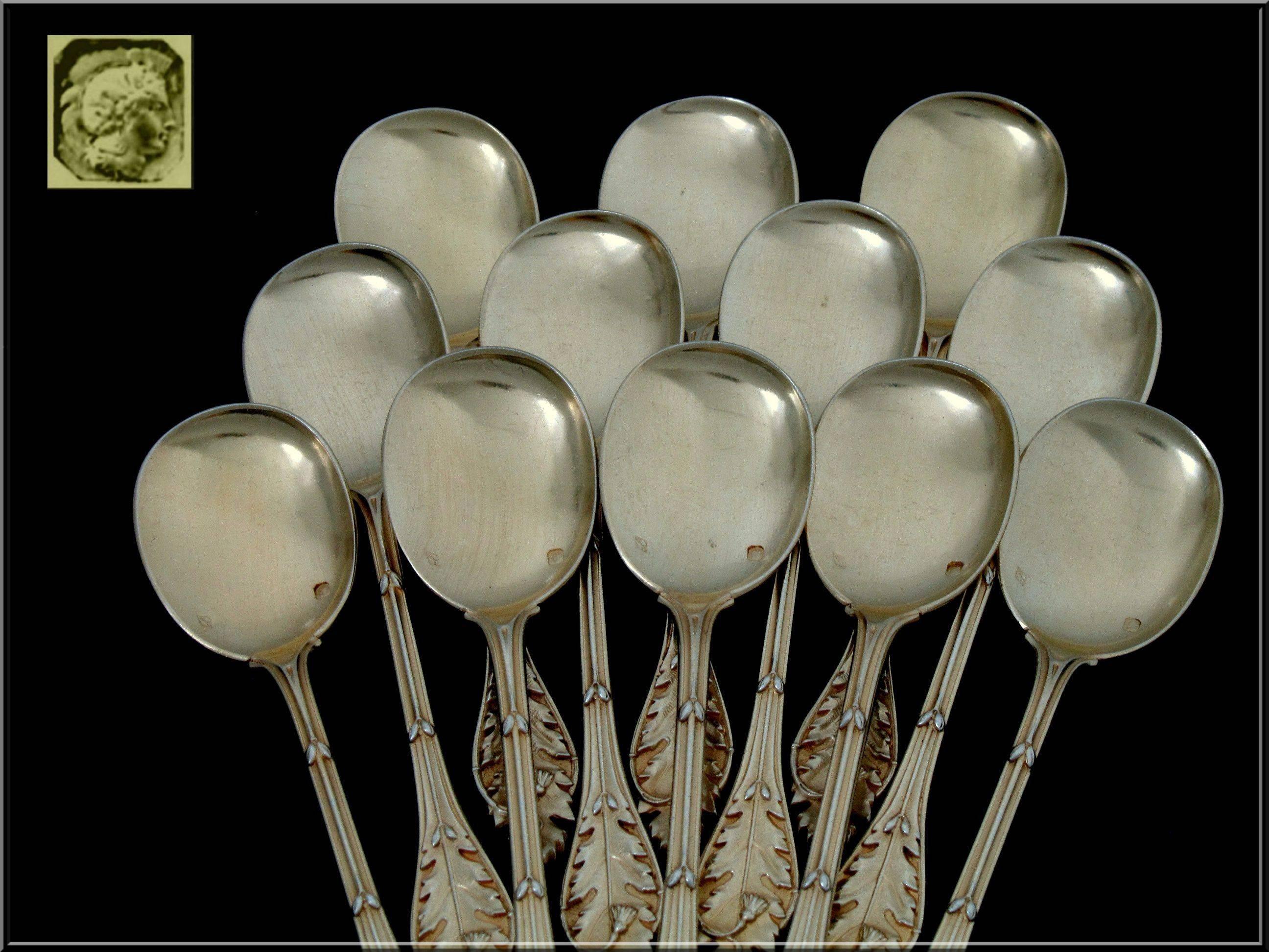 Linzeler Masterpiece French Sterling Silver Vermeil Ice Cream Spoons Set 12 pc For Sale 3