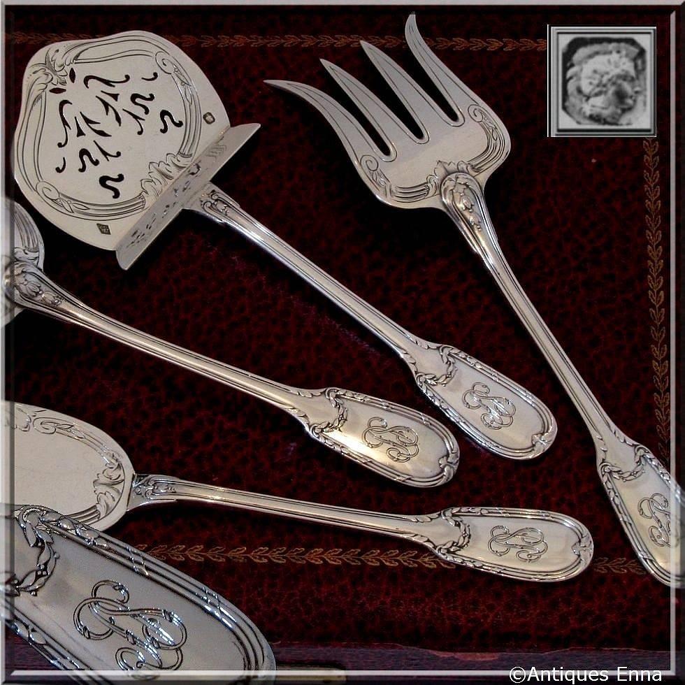 CHRISTOFLE Rare French All Sterling Silver Dessert Hors D'oeuvre Set 4 pc with original box 

The spatulas are decored in a Neoclassical, Louis XVI style with cross ribbons and of laurels. The sterling silver pieces by Christofle are extremely