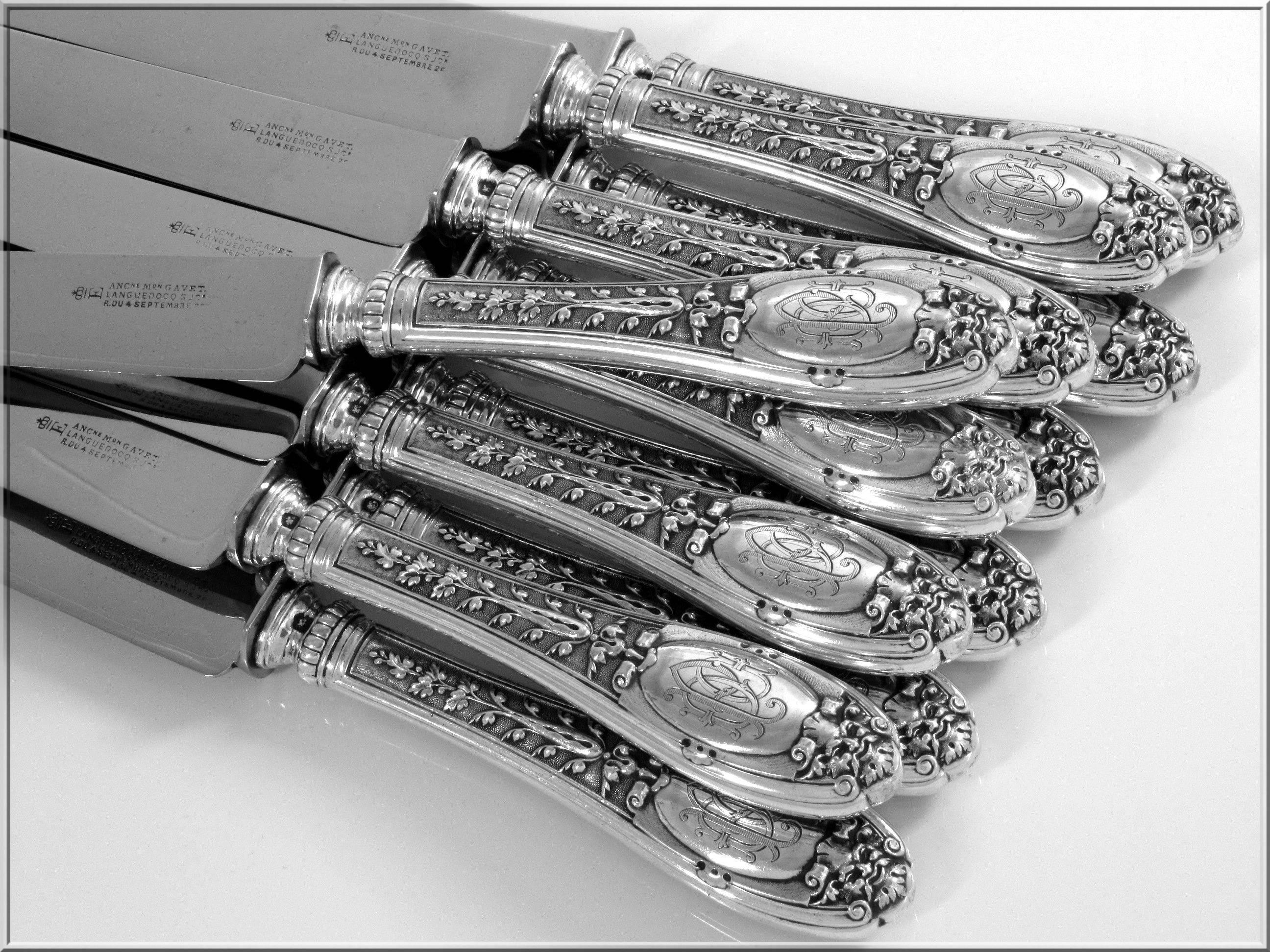 Henin Incredible French Sterling Silver Dinner Knife Set 12 pc Mascaron 3