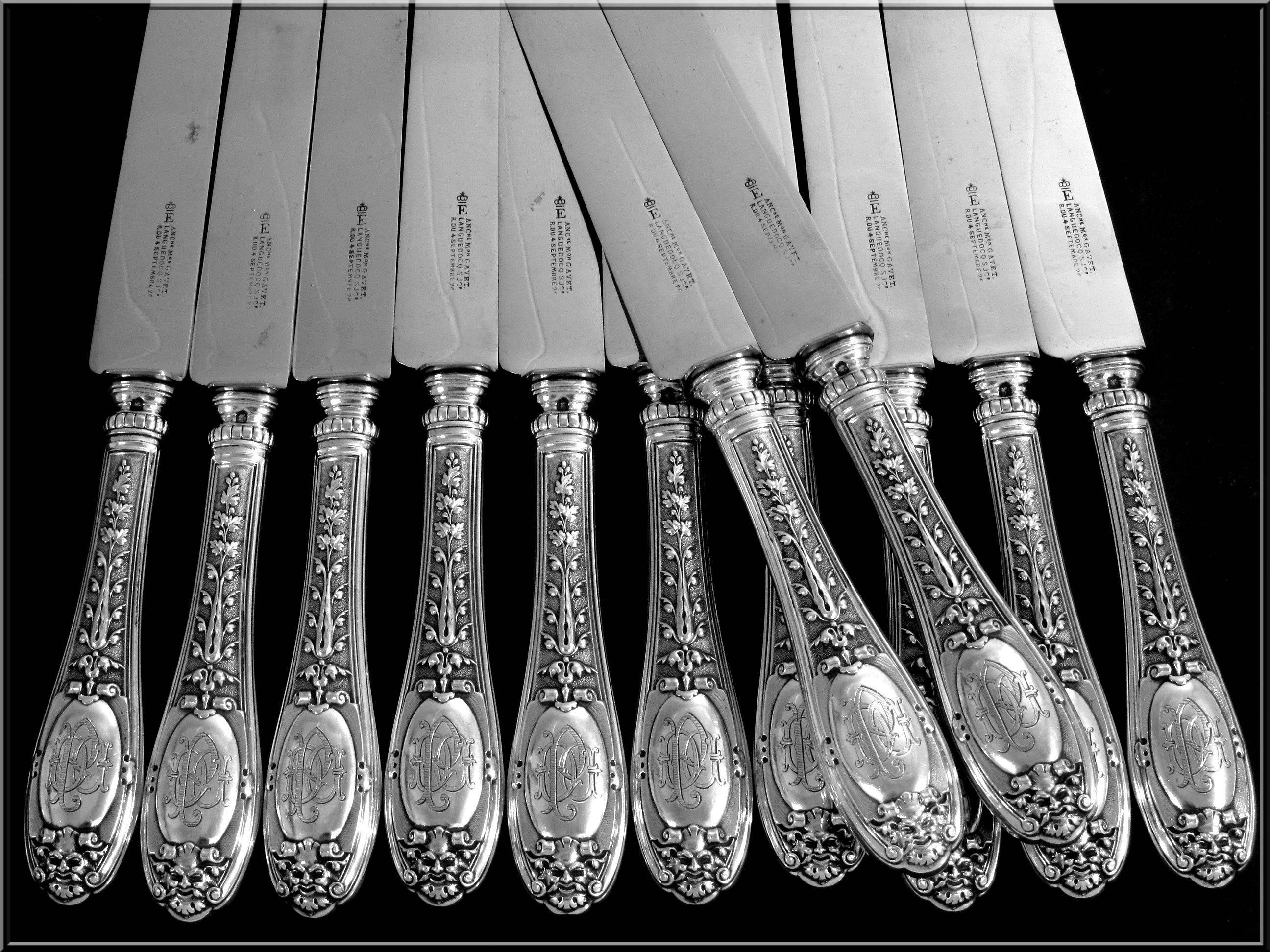 Henin Incredible French Sterling Silver Dinner Knife Set 12 pc Mascaron In Good Condition In Triaize, Pays de Loire