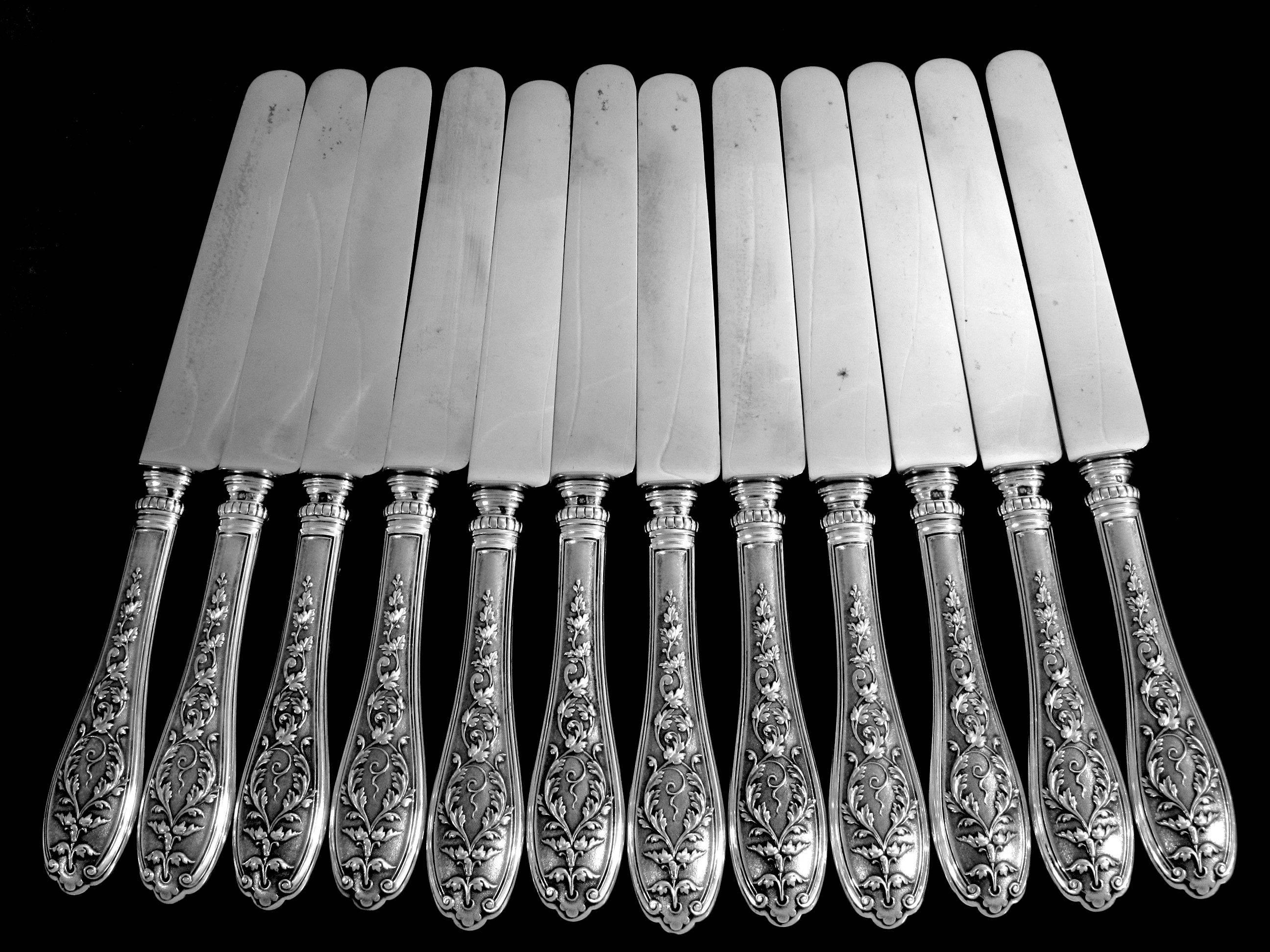 Henin Incredible French Sterling Silver Dinner Knife Set 12 pc Mascaron 2