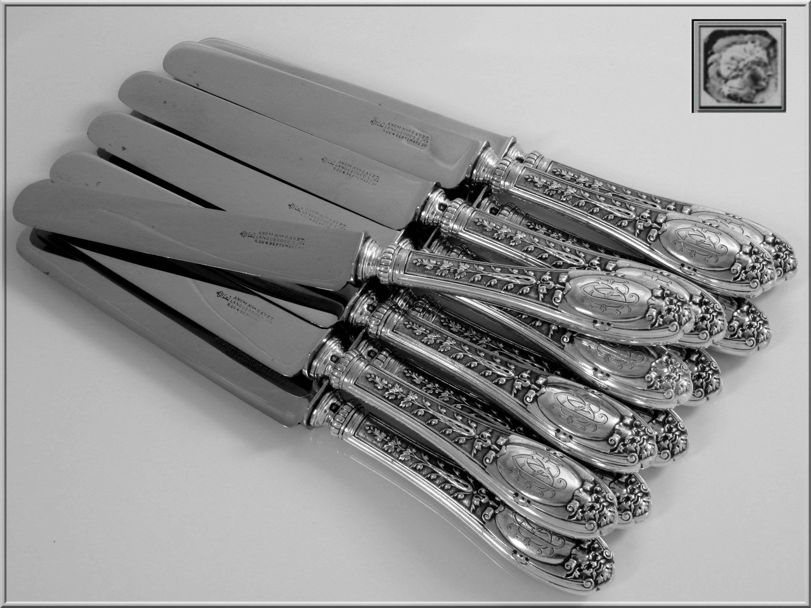 Renaissance Henin Incredible French Sterling Silver Dinner Knife Set 12 pc Mascaron