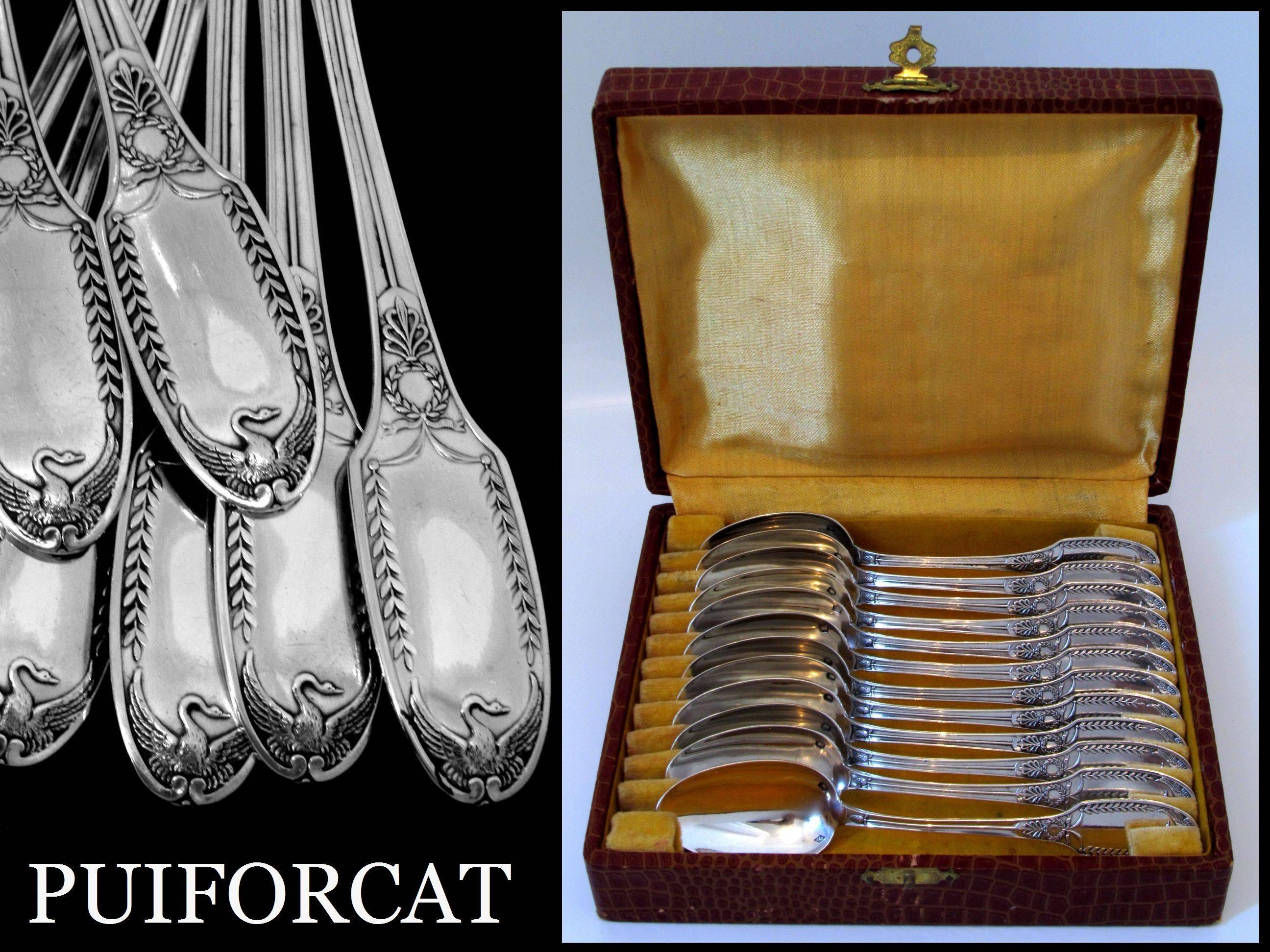 Puiforcat Rare French Sterling Silver Tea or Coffee Spoons Set 12 pc box Swans 1