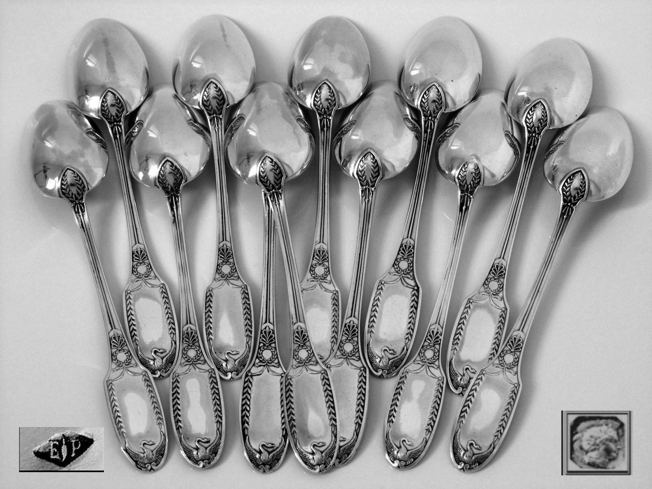 Empire Puiforcat Rare French Sterling Silver Tea or Coffee Spoons Set 12 pc box Swans