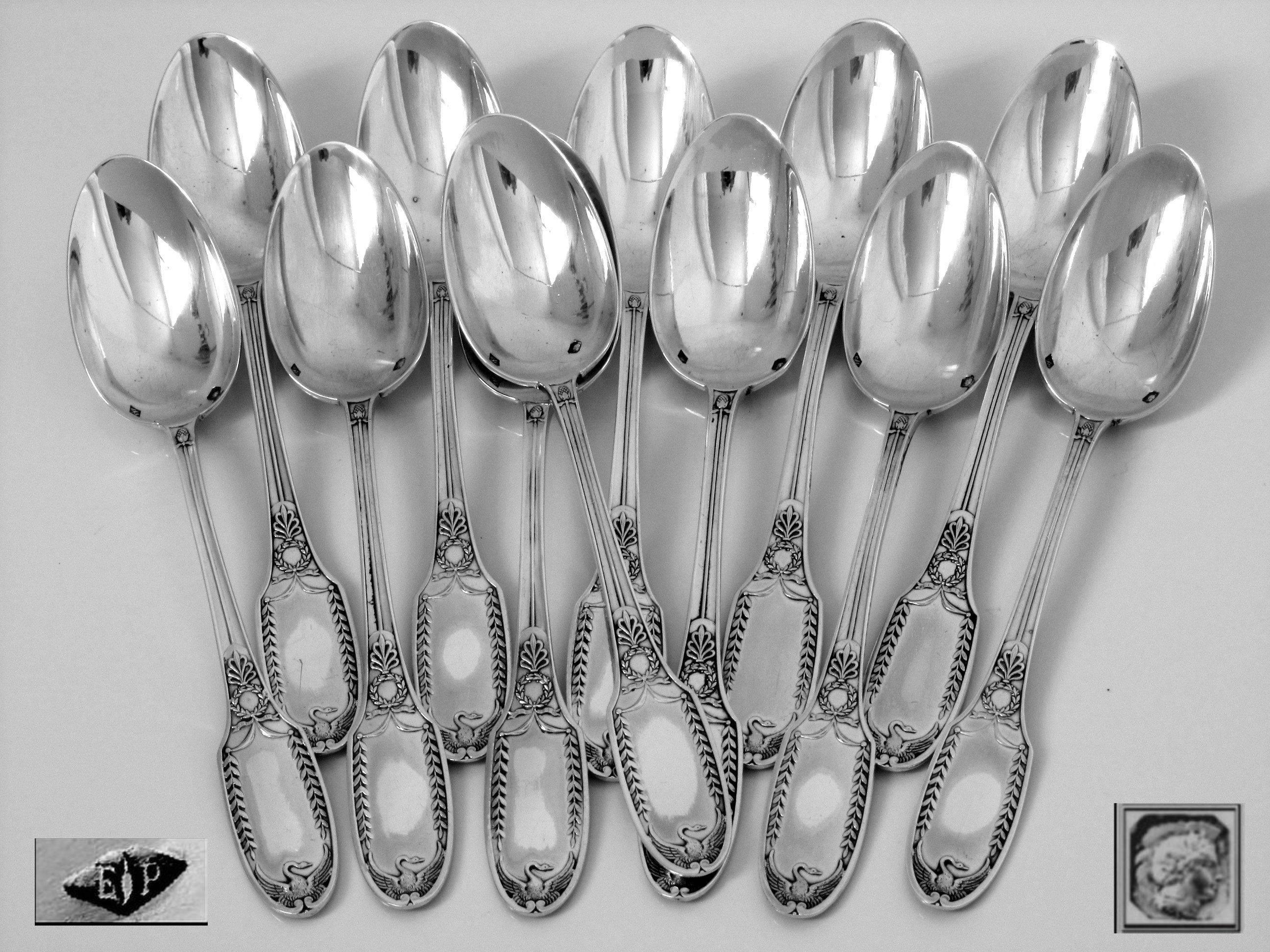 Women's or Men's Puiforcat Rare French Sterling Silver Tea or Coffee Spoons Set 12 pc box Swans