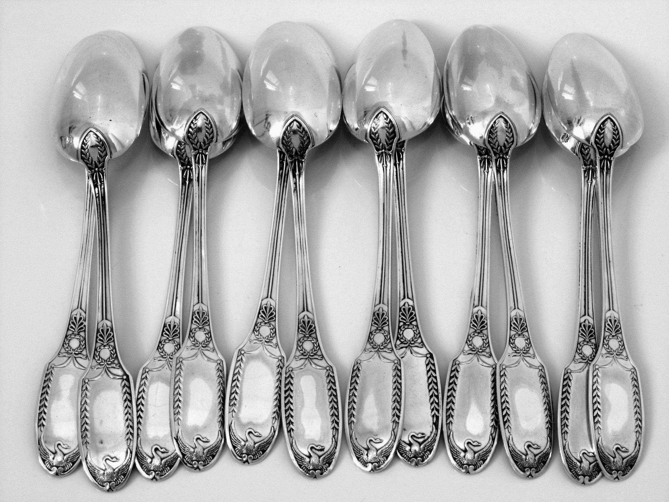 Puiforcat Rare French Sterling Silver Tea or Coffee Spoons Set 12 pc box Swans 2