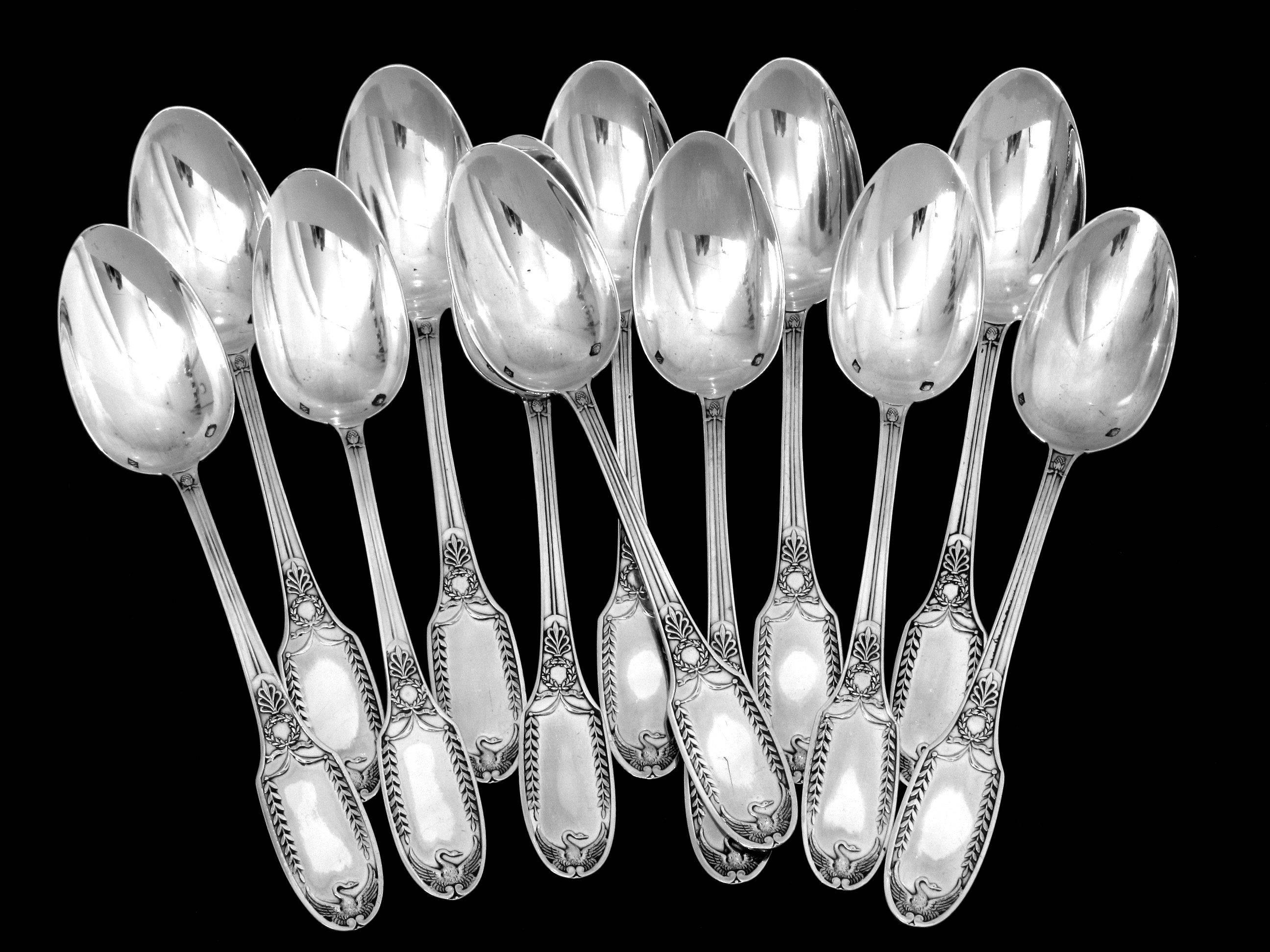 Puiforcat Rare French Sterling Silver Tea or Coffee Spoons Set 12 pc box Swans 3