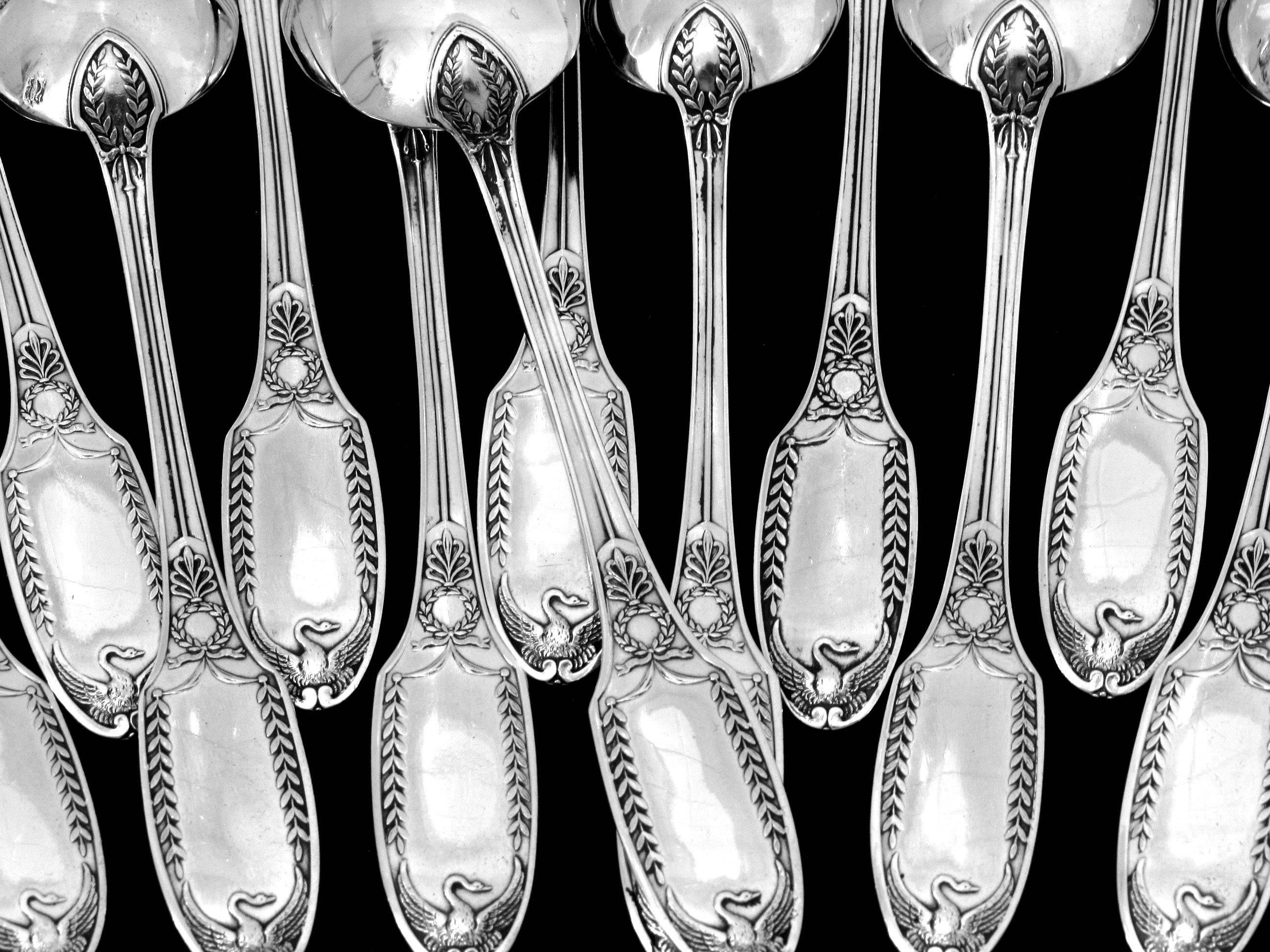 Puiforcat Rare French Sterling Silver Tea or Coffee Spoons Set 12 pc box Swans 5