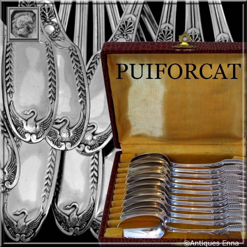 PUIFORCAT Rare French Sterling Silver Tea or Coffee Spoons Set 12 pc with box Swans

Head of Minerve 1 st titre for 950/1000 French Sterling Silver guarantee

Exceptional French sterling silver Tea or Coffee Spoons Set 12 pc Empire style, the