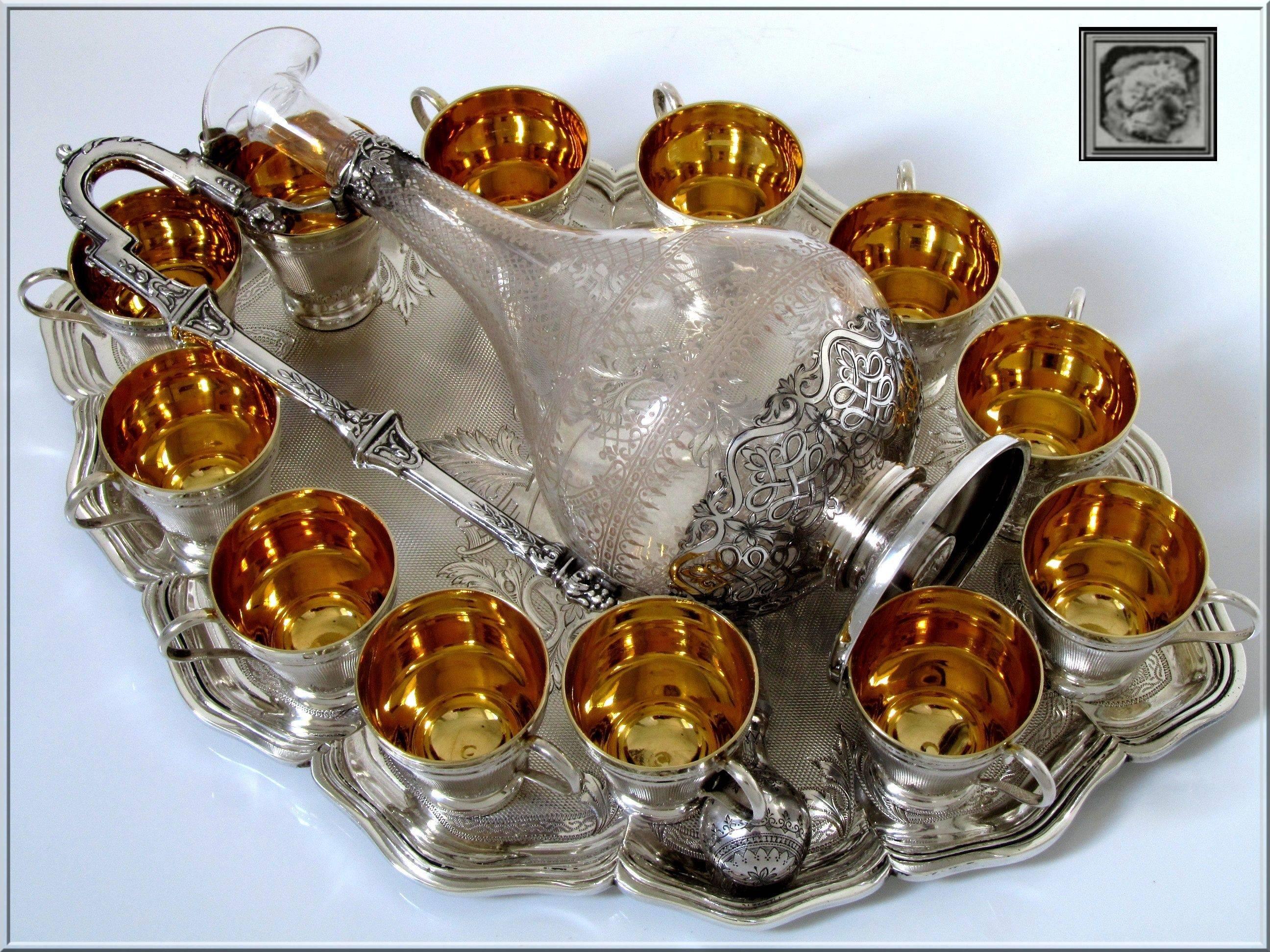 Napoleon III Boivin Rare French Sterling Silver Vermeil Baccarat Crystal Liquor Service 14 pc