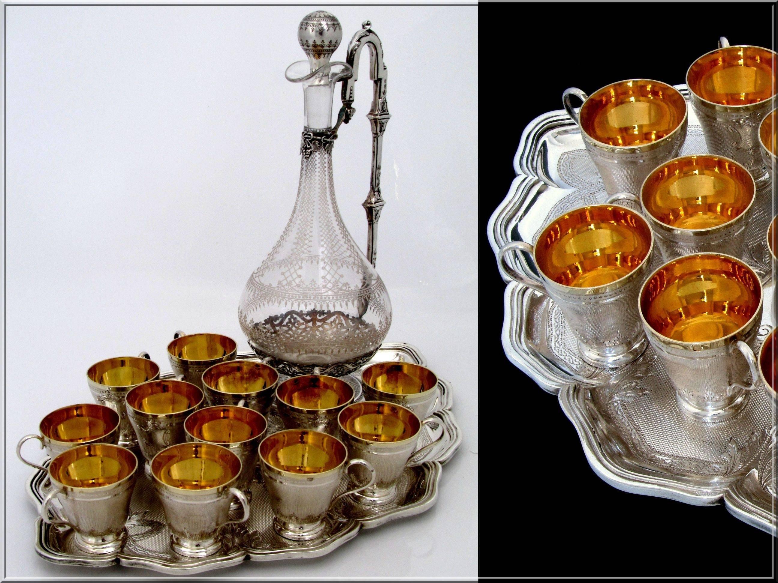 Boivin Rare French Sterling Silver Vermeil Baccarat Crystal Liquor Service 14 pc In Good Condition In Triaize, Pays de Loire