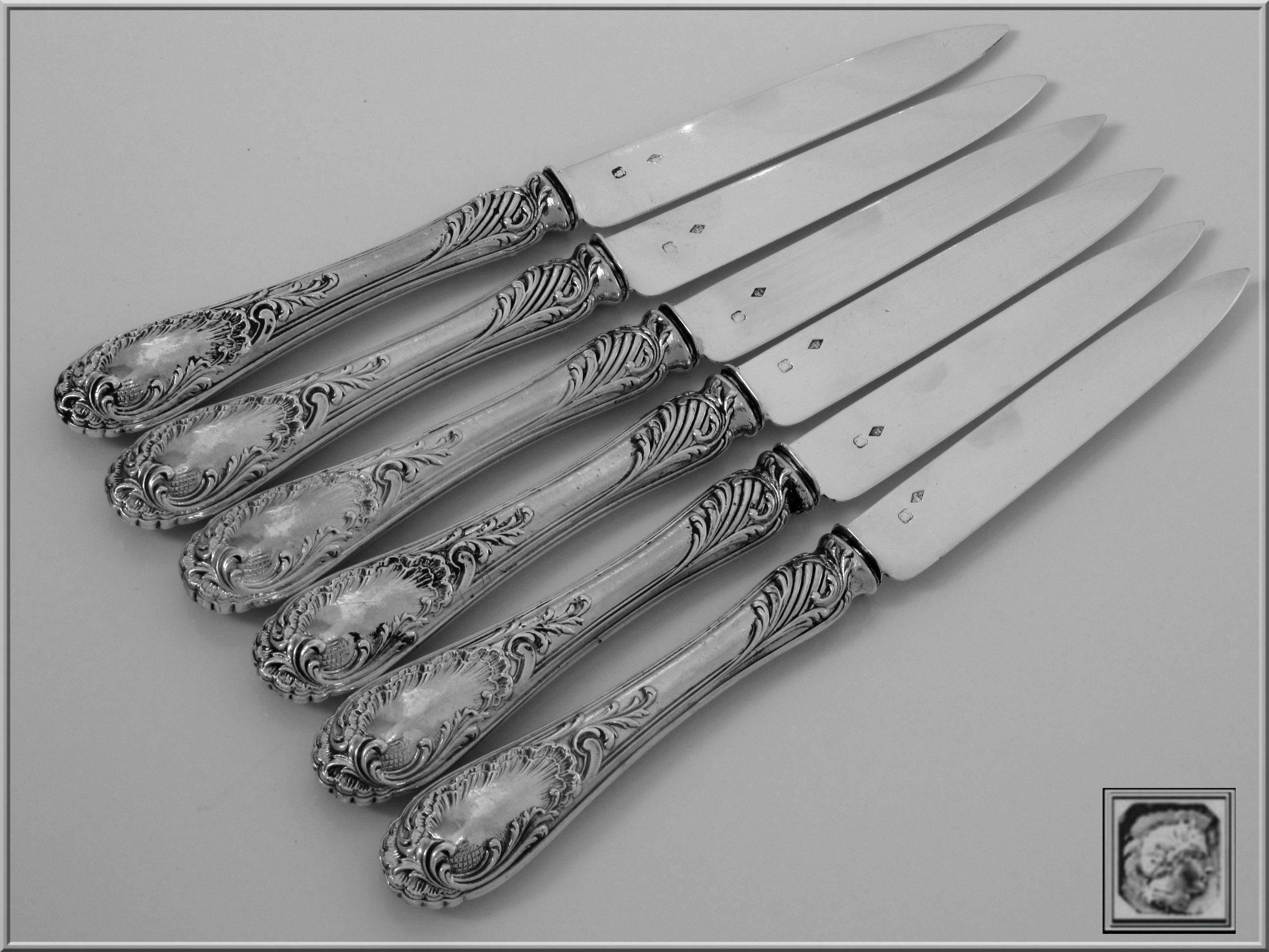 Puiforcat French Sterling Silver Dessert and Fruits Knife Set 12 pc box Rococo 2