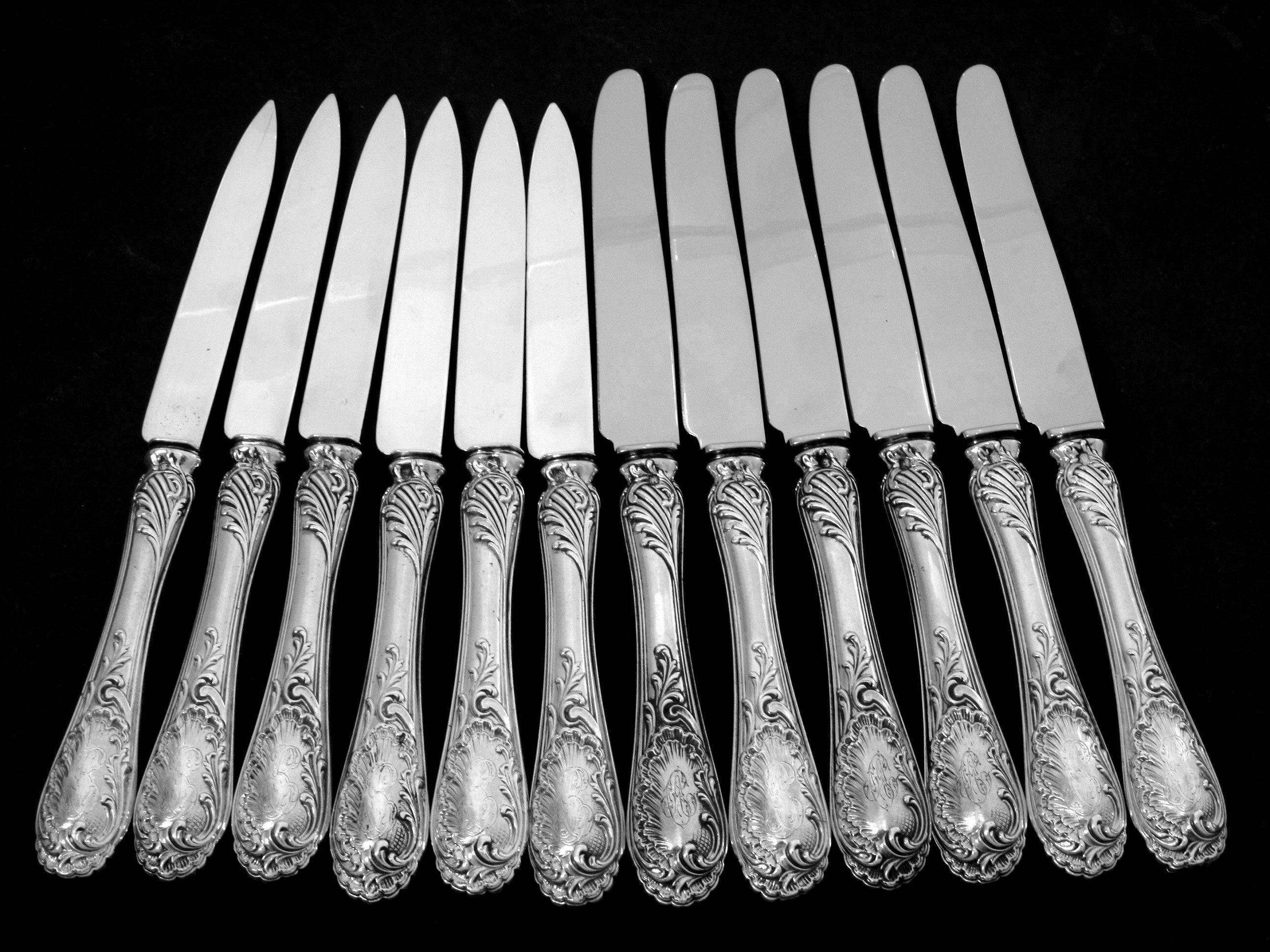 Puiforcat French Sterling Silver Dessert and Fruits Knife Set 12 pc box Rococo 5